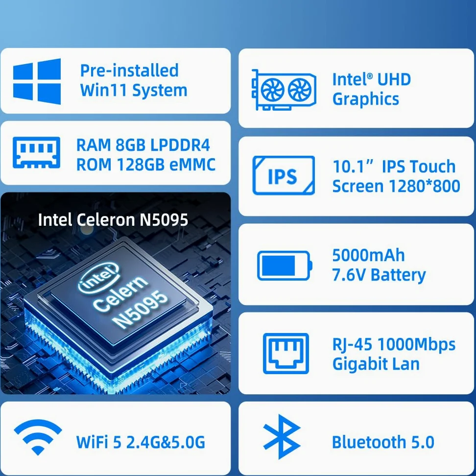 Computer Mini PC Mini Desktop PC con Schermo Tattile 10,1 Pollici, N5095 Win 11 Pro pc-mini Portatile 8GB RAM, 128GB ROM, Batteria 5000mAh, Display 4K HDMI&Tipo C, RS232, WiFi5,0, BT5,0