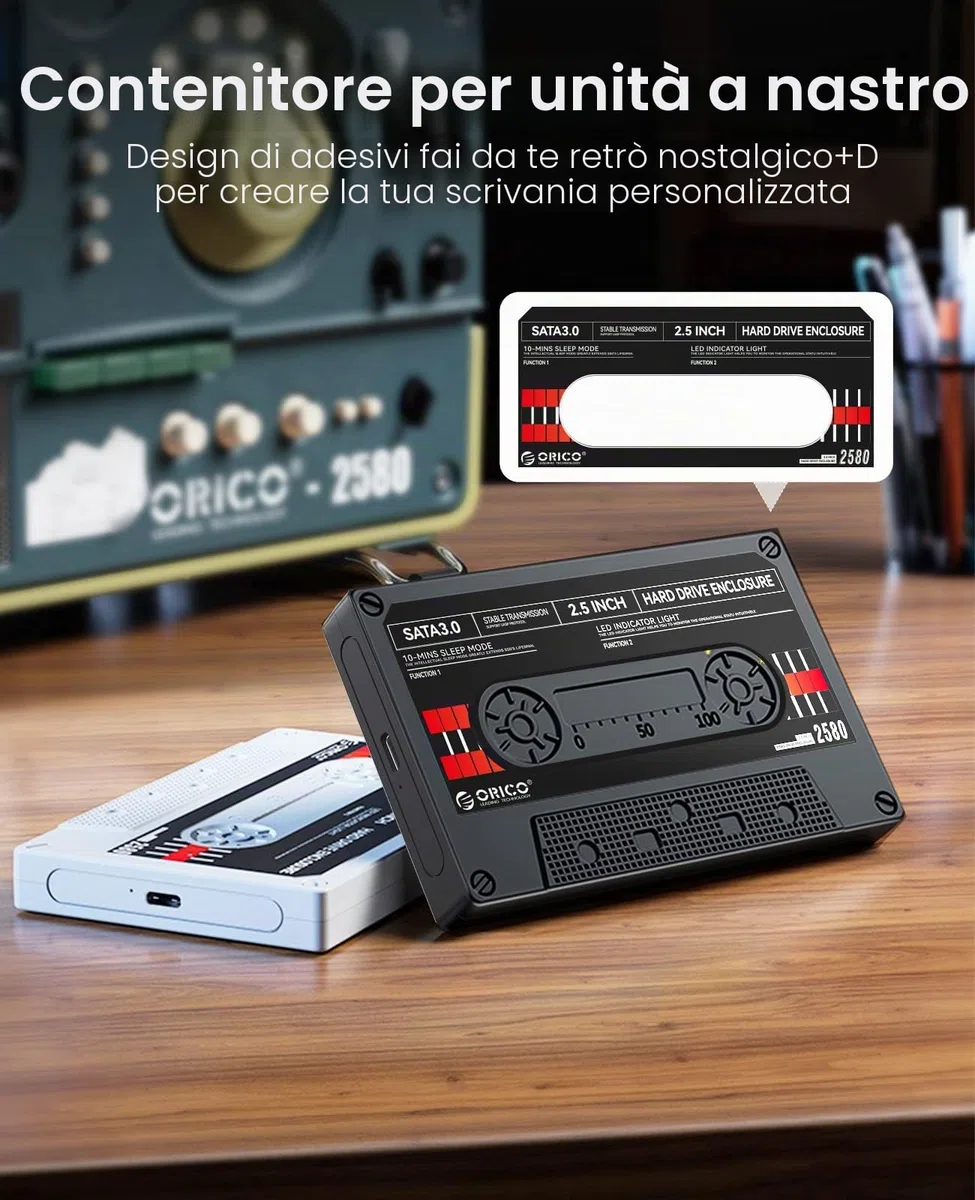 ORICO [Retrò Nastro] Case Hard Disk 2.5 Pollici USB 3.1 Tipo-C a SATA con UASP Custodia Disco Rigido Esterno per 7mm e 9,5 mm HDD SSD Max 6 TB,con Adesivi Fai da Te, Nero (2580C3-V1-BK)
