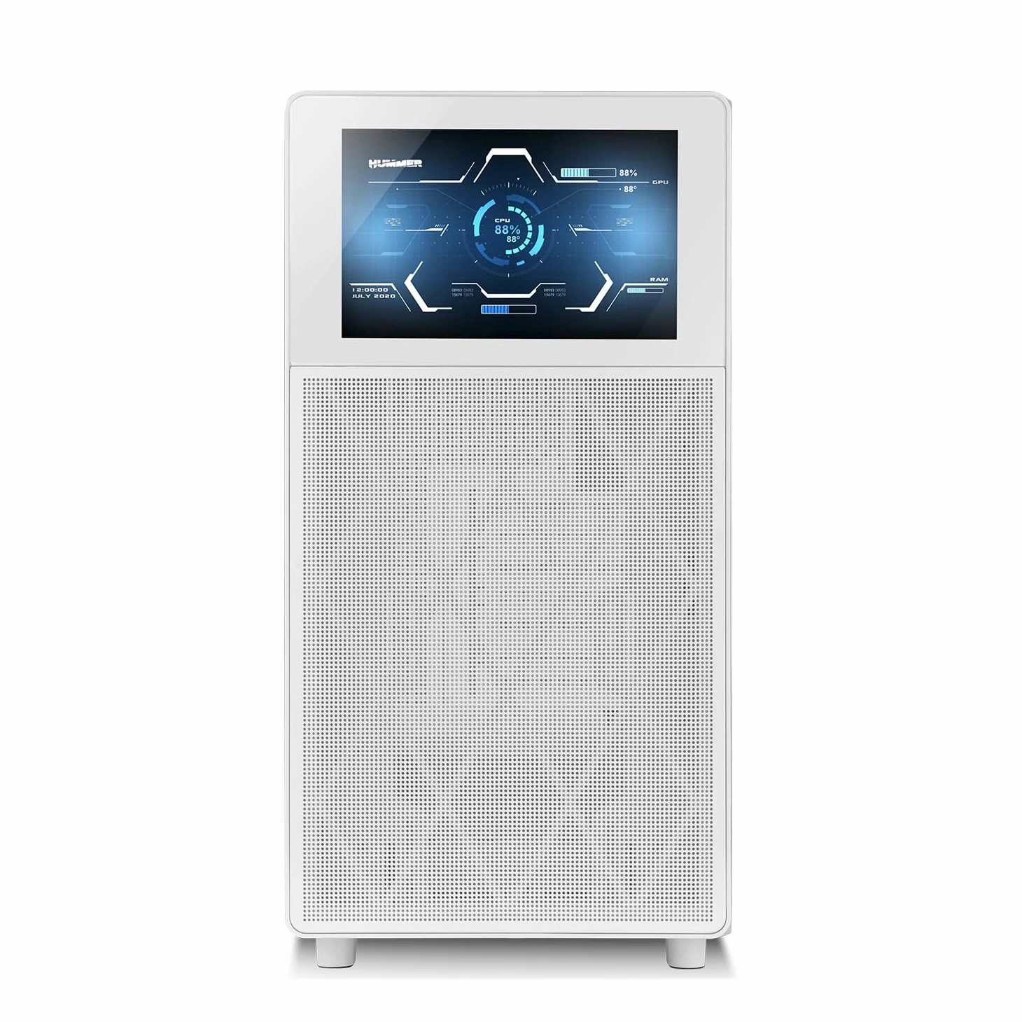 NOX XTREME PRODUCTS HUMMER BIOS - Semitower ATX|M-ATX| ITX, Display LCD da 8” personalizzabile, Pannello frontale rete metallica, laterale vetro temperato, Spazio per 11 ventole, USB-C e 3.0, Bianco