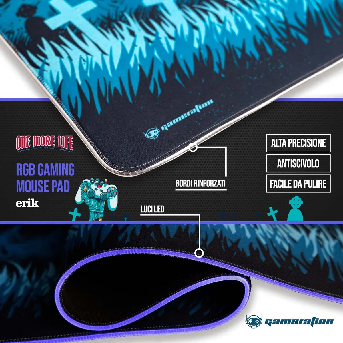 Grupo Erik: Tappetino Mouse XXL Gamer One More Life | Tappetino Mouse 900x400, Tappetino RGB LED con 14 effetti luce e cavo USB, base antiscivolo, 100% waterproof, Tappetino Gaming LED