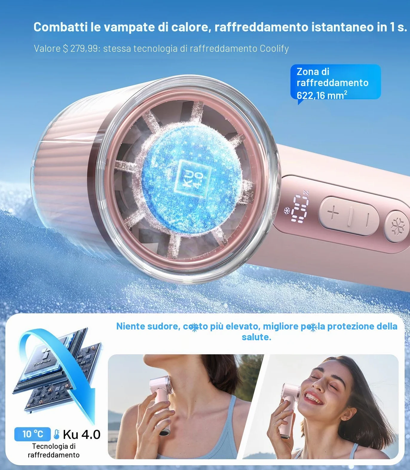 TORRAS Coolify iva Ventilatore portatile con refrigeratore per ghiaccio, ventilatore personale ricaricabile da 5000 mAh, velocità regolabile da 0 a 100, super mini ma potente, ventilatore portatile