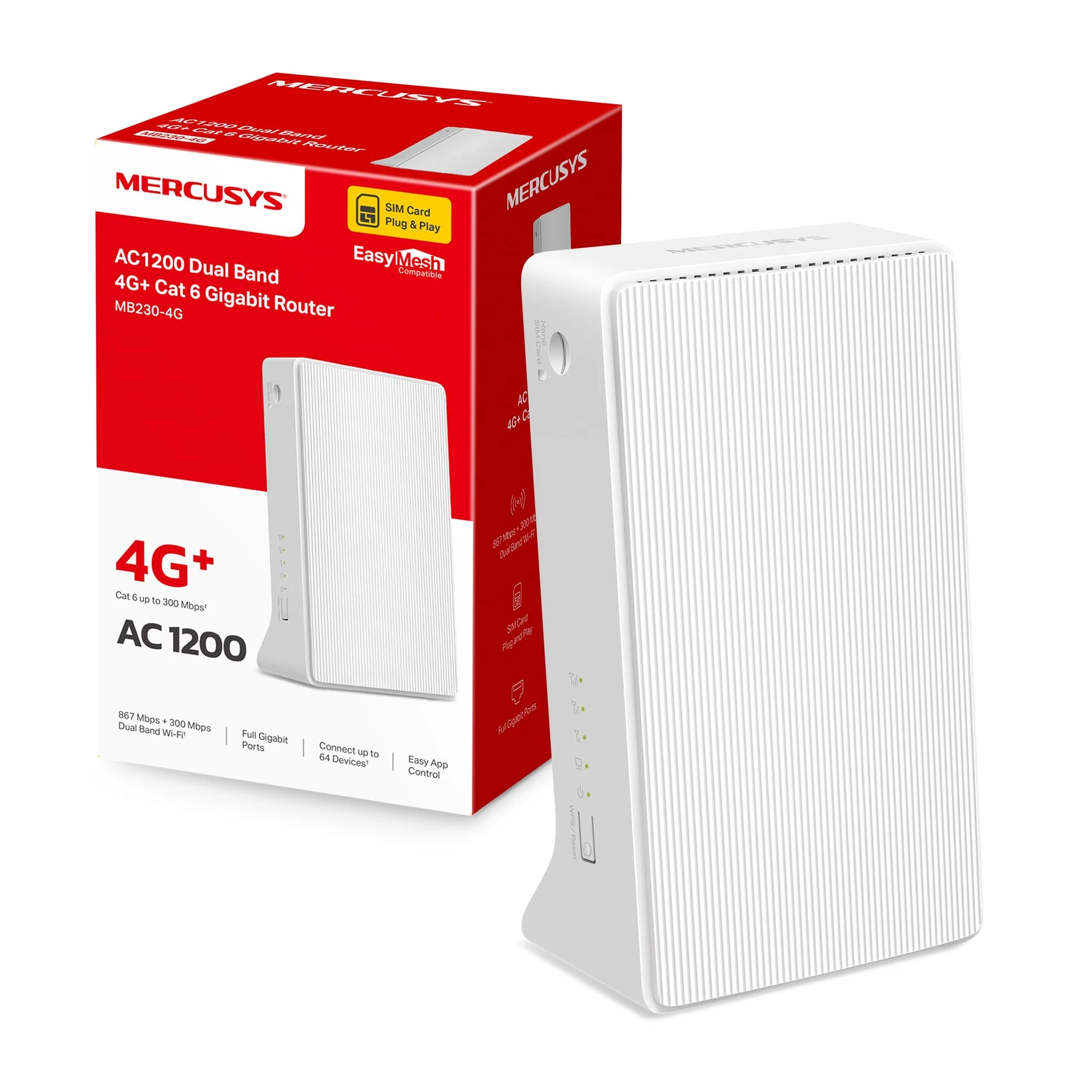 Mercusys TP-Link MB230-4G Router 4G+ Cat6 LTE, Wireless AC1200Mbps Dual-Band, WiFi Router with Sim, LAN/WAN Port, 4G Sim Modem, Without Configuration, External Antenna Ports