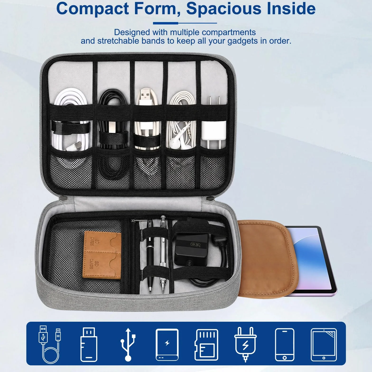 AiQInu Custodia Organizzatrice Elettronica, Borsa Accessori Tech Con Tasca iPad Mini, Slot Per Scheda SD & Cinghie Elastiche Per Caricatore, Cavi, Power Bank, Viaggi, Campeggio, Grigio