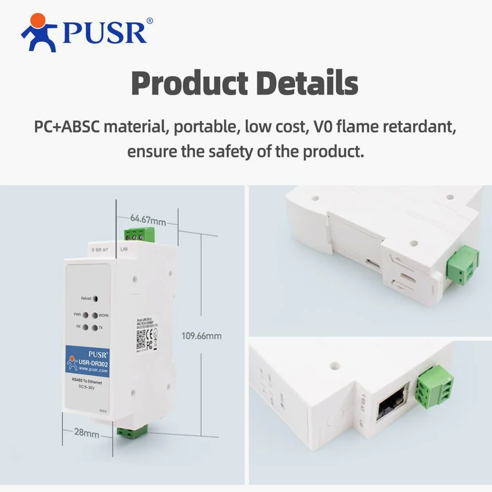 Din Rail Convertitore da RS485 a Ethernet da Modbus RTU Modbus Gateway Trasmette i dati in modo trasparente tra IP e RS485 Pagina Web definita dall'utente USR-DR302