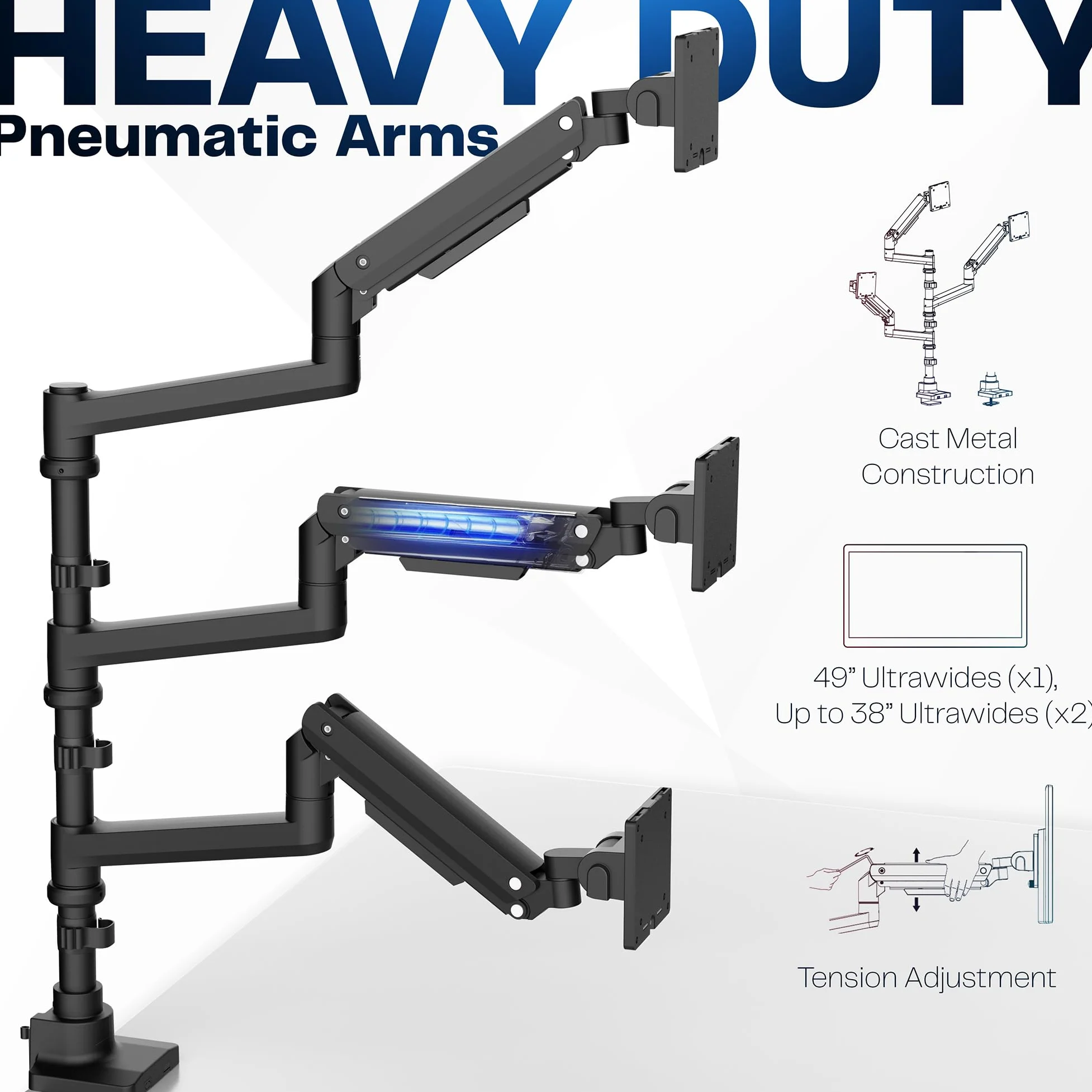 VIVO Braccio Pneumatico Triplo per Monitor Ultrawide Extra Alto Supporto da Scrivania per Schermi fino a 49 Pollici, Morsetto Robusto, Portata 3 Monitor Ultra Wide fino a 19,9 kg, Nero, STAND-V300D