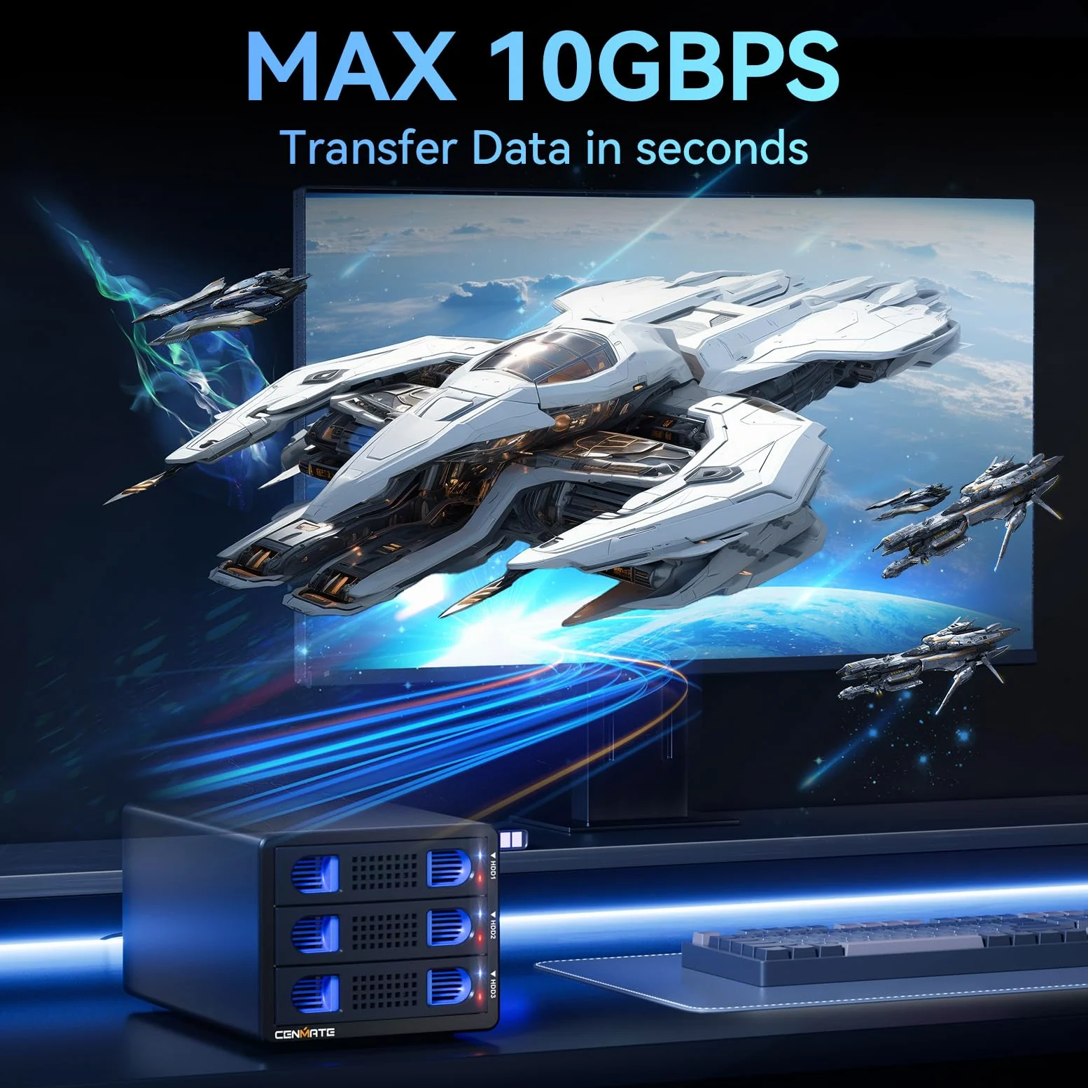 Alloggiamento Dischi Rigidi, Case 3 Bay Alluminio 10Gbps con Ventola per HDD/SSD SATA 2,5/3,5, Cavo USB A/C 3.2 con Sostituzione a Caldo, Alloggiamento HDD Senza Attrezzi, DAS (senza RAID/NAS)