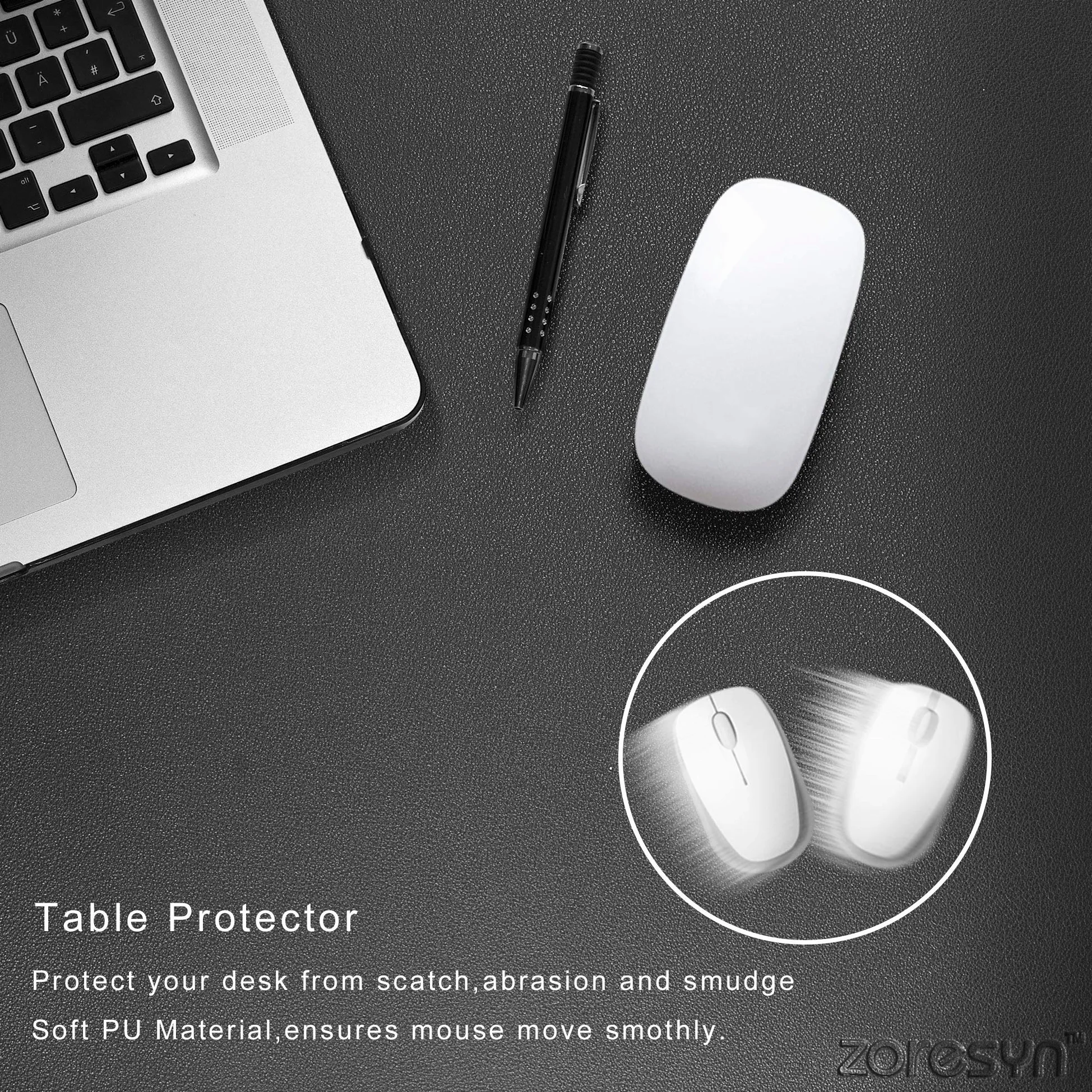ZORESYN Tappetino per mouse da gaming - 140x40x0.2cm - Sottomano da Ufficio - Bordi cuciti, Base in Antiscivolo, Superficie in pelle PU, Adatto a Tastiere e Mouse, Computer e Portatili - Nero