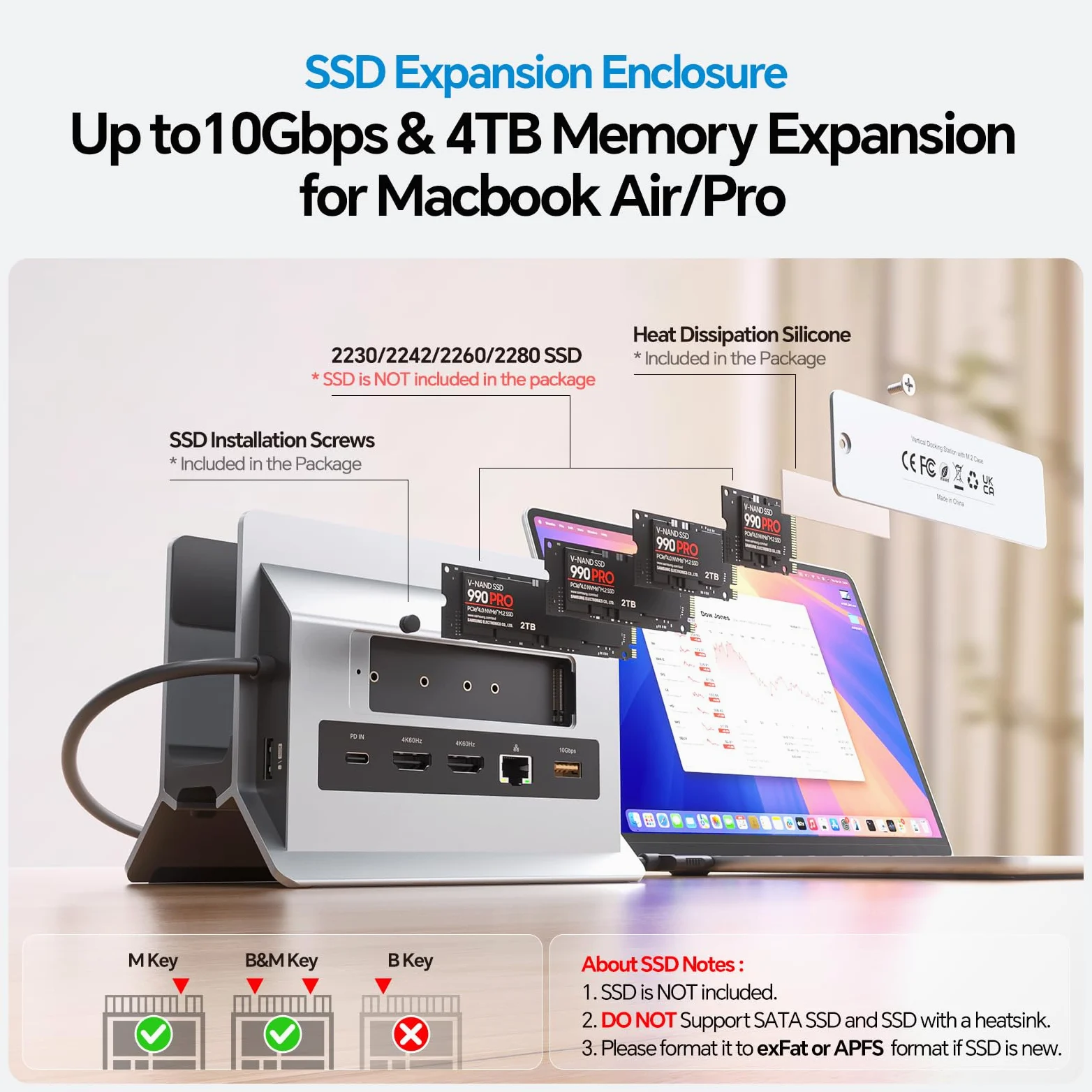 MacBook Docking Station Dual Monitor, Docking Station USB C per laptop con 2 HDMI 4K@60Hz, USB A/C 10Gbps, PD, Ethernet, M.2 SSD Case, Vertical Dock Stand SD/TF per MacBook Pro Air M3 M4 M5