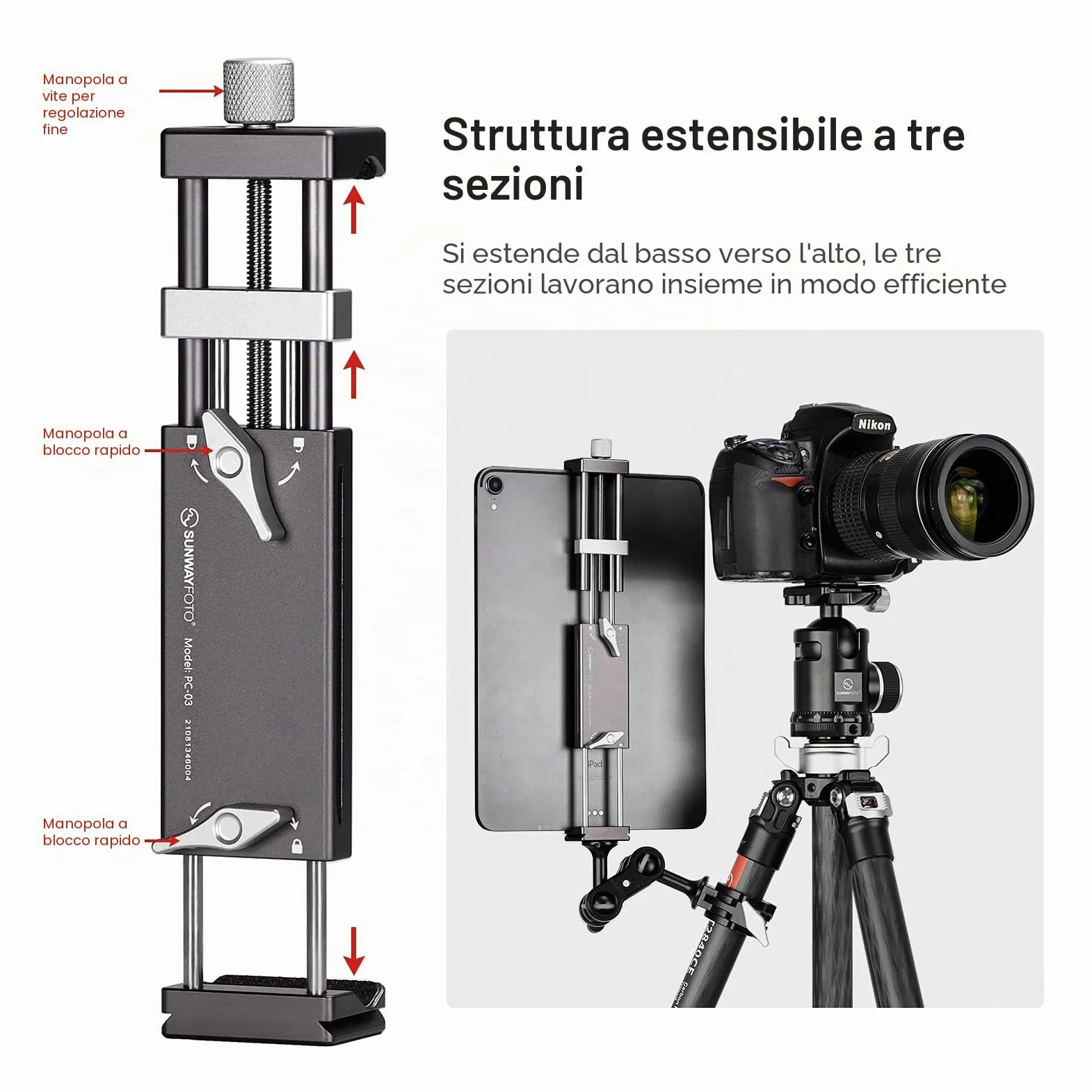 SUNWAYFOTO PC-03 Tablet Laptop Mount Smart Phone Staffa Treppiede Staffa Accessori per Ipad Pro Supporto Arca Swiss Stand Universale