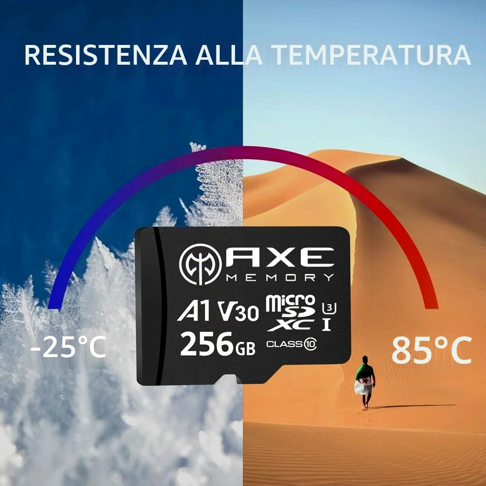 AXE MEMORY Scheda Micro SD 256 GB, Memoria MicroSDXC per Nintendo-Switch, GoPro, Drone, Smartphone, Tablet, 4K Ultra HD, A1 UHS-I U3 V30 C10, Lettura Fino a 95 MB/s, con Adattatore SD
