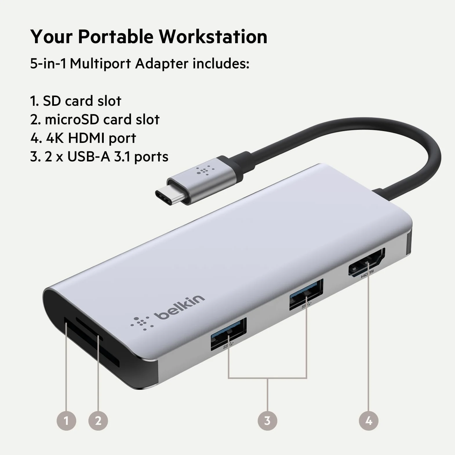 Belkin Adattatore multiporta USB-C Hub 5 in 1 | Espande la connettività USB-C laptop per MacBook, iPad Pro, Chromebook e PC, design compatto per scrivania o viaggio