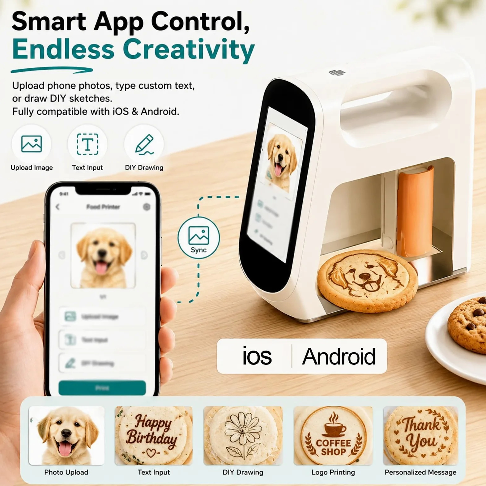 Stampante Alimentare Portatile per Torte e Biscotti, Stampante Foto Edibile con Inchiostro, Mini Macchina Caffè Latte Art per Pasticceria e Bevande(Black)