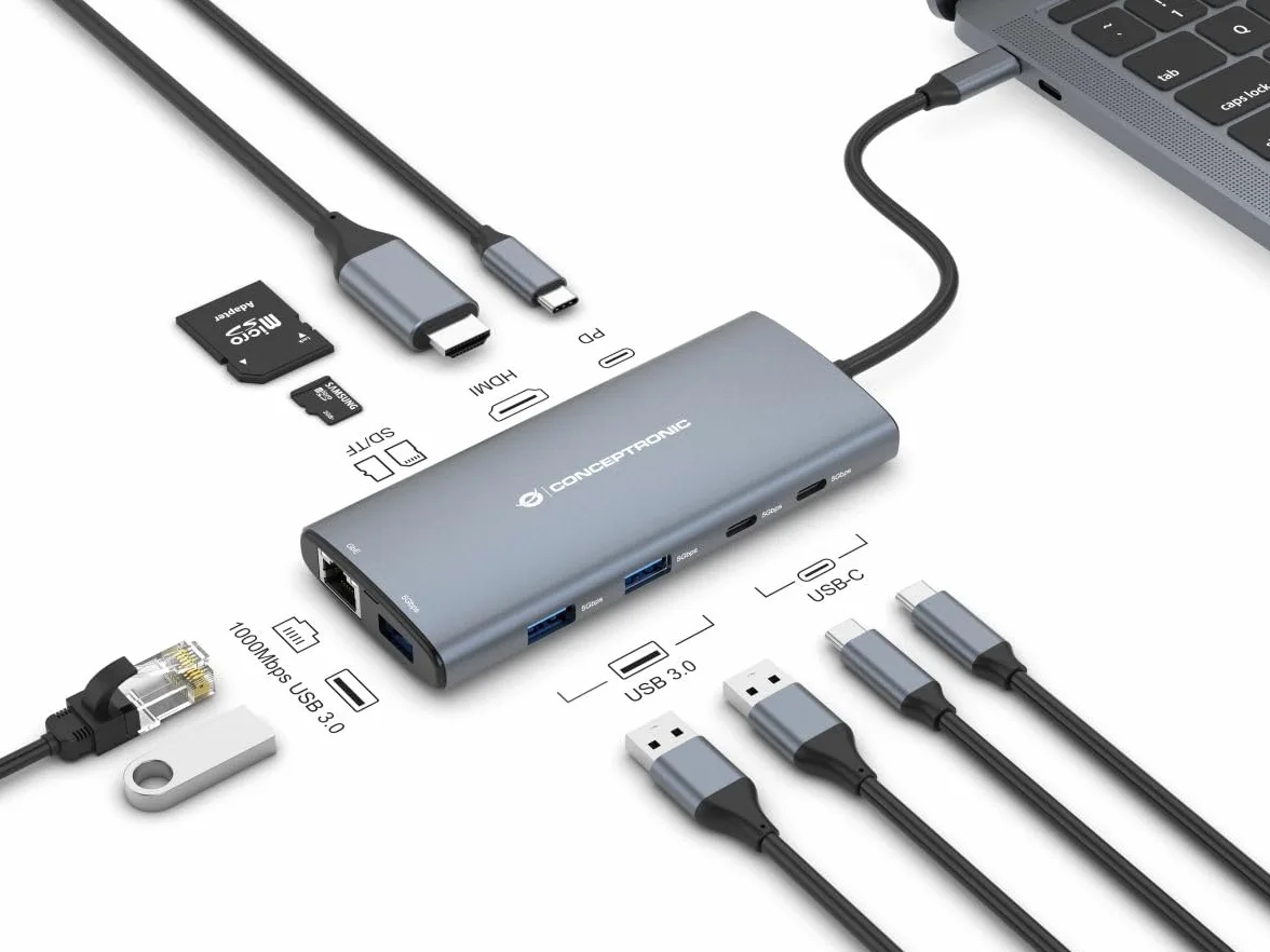 CONCEPTRONIC DONN06G 10 in 1 USB 3.2 Gen 1 Docking Station, HDMI, 100 W USB PD, USB-C 5 Gbps x 2, USB-A 5 Gbps x 3, SD, TF/MicroSD, GbE