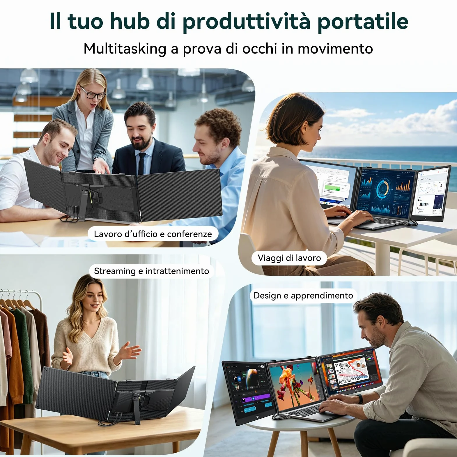 PX5 Pro Triplo Monitor Portatile per Laptop 14" FHD IPS 300 nit, Schermo Esterno USB-C Plug & Play Senza Magneti, Secondo Schermo per Smart Working, Viaggio e Ufficio