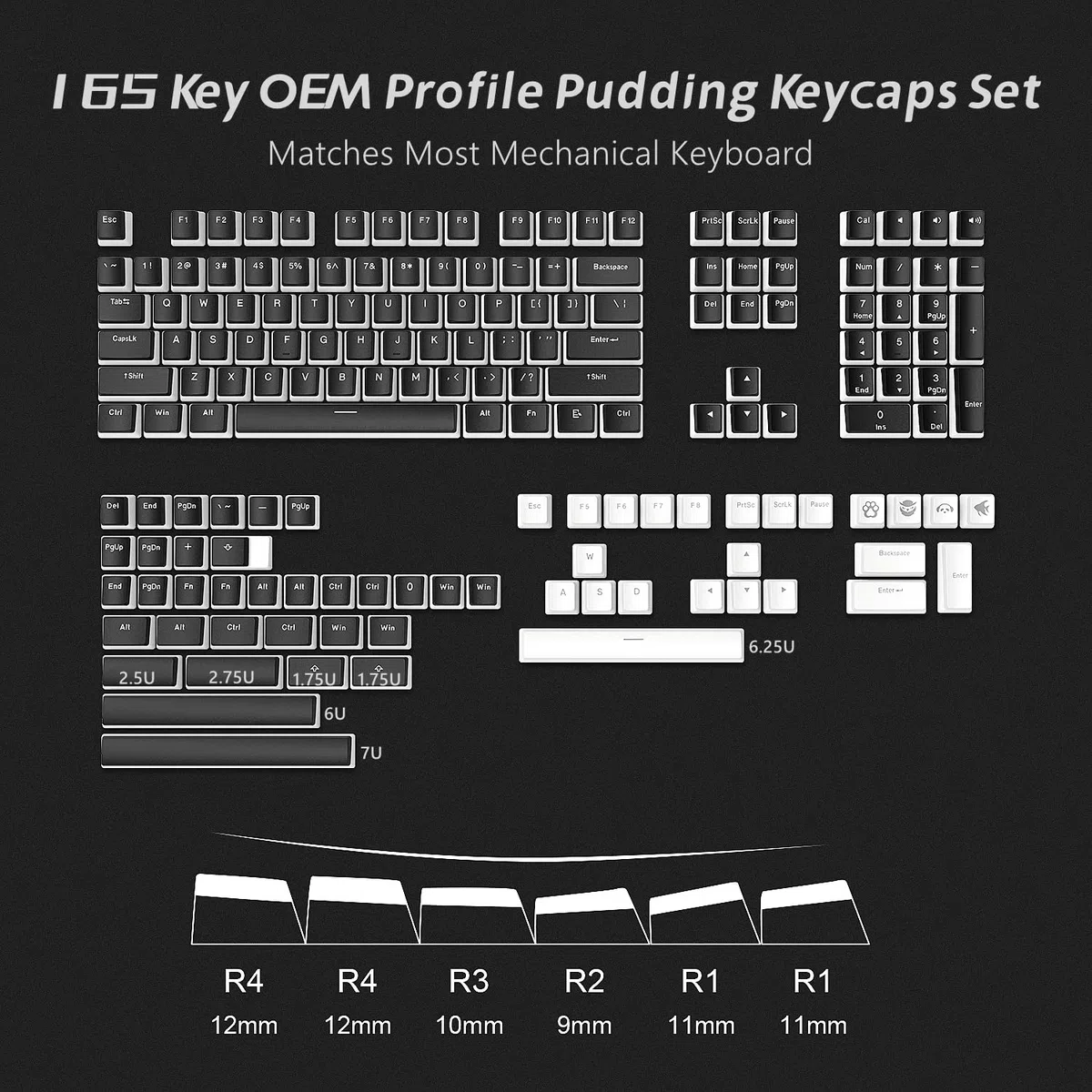 Womier Pudding Keycaps - Set di tasti PBT 165, Shine Through, profilo OEM, compatibilità universale per tastiere 100%, 75%, 65%, 60%, nero