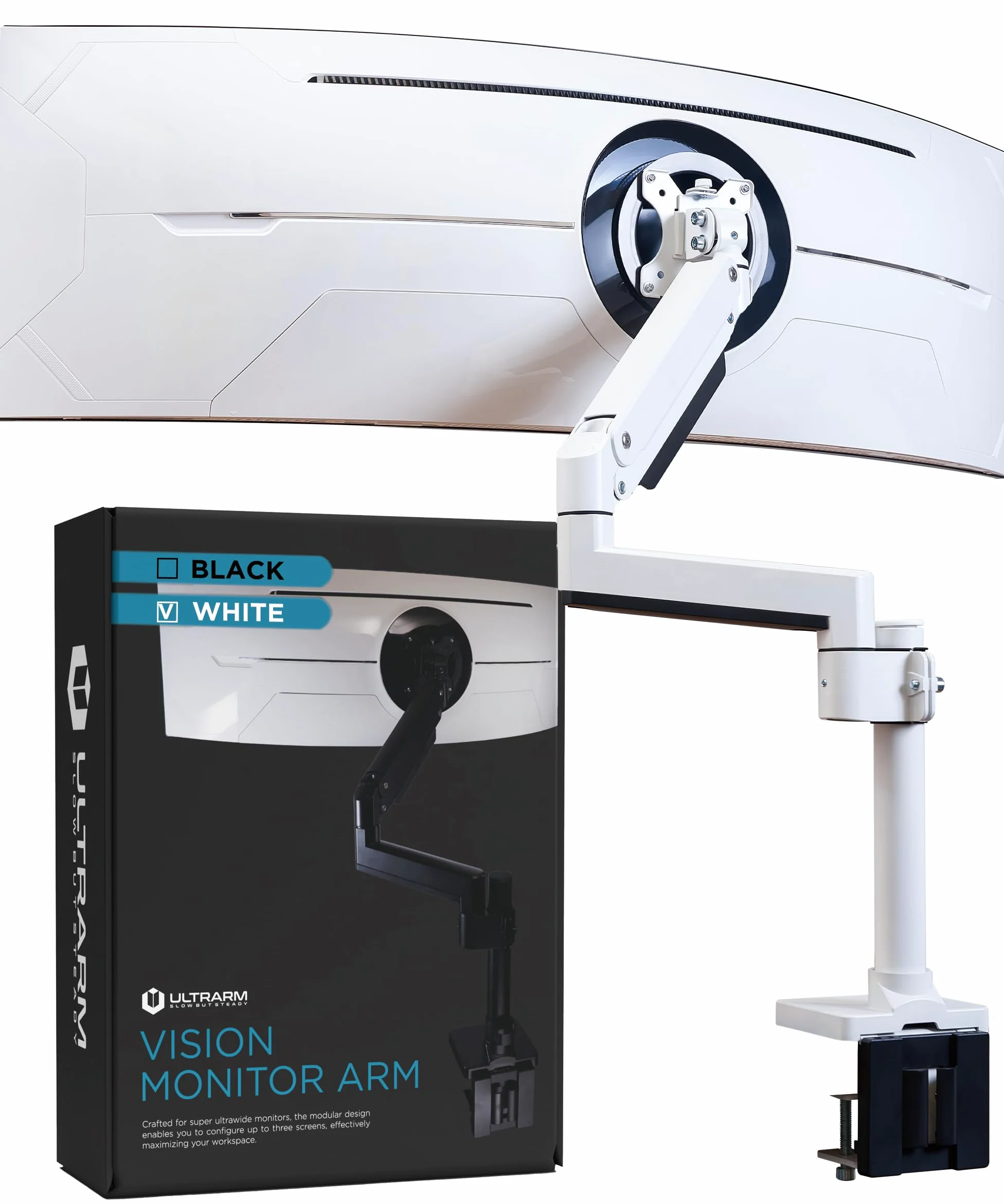 ULTRARM Braccio Heavy Duty per Monitor 57” – Regolabile in Altezza con Molla Pneumatica, Supporto da Scrivania VESA 75x75/100x100, Fino a 20 kg, Bianco, MA20PW-S