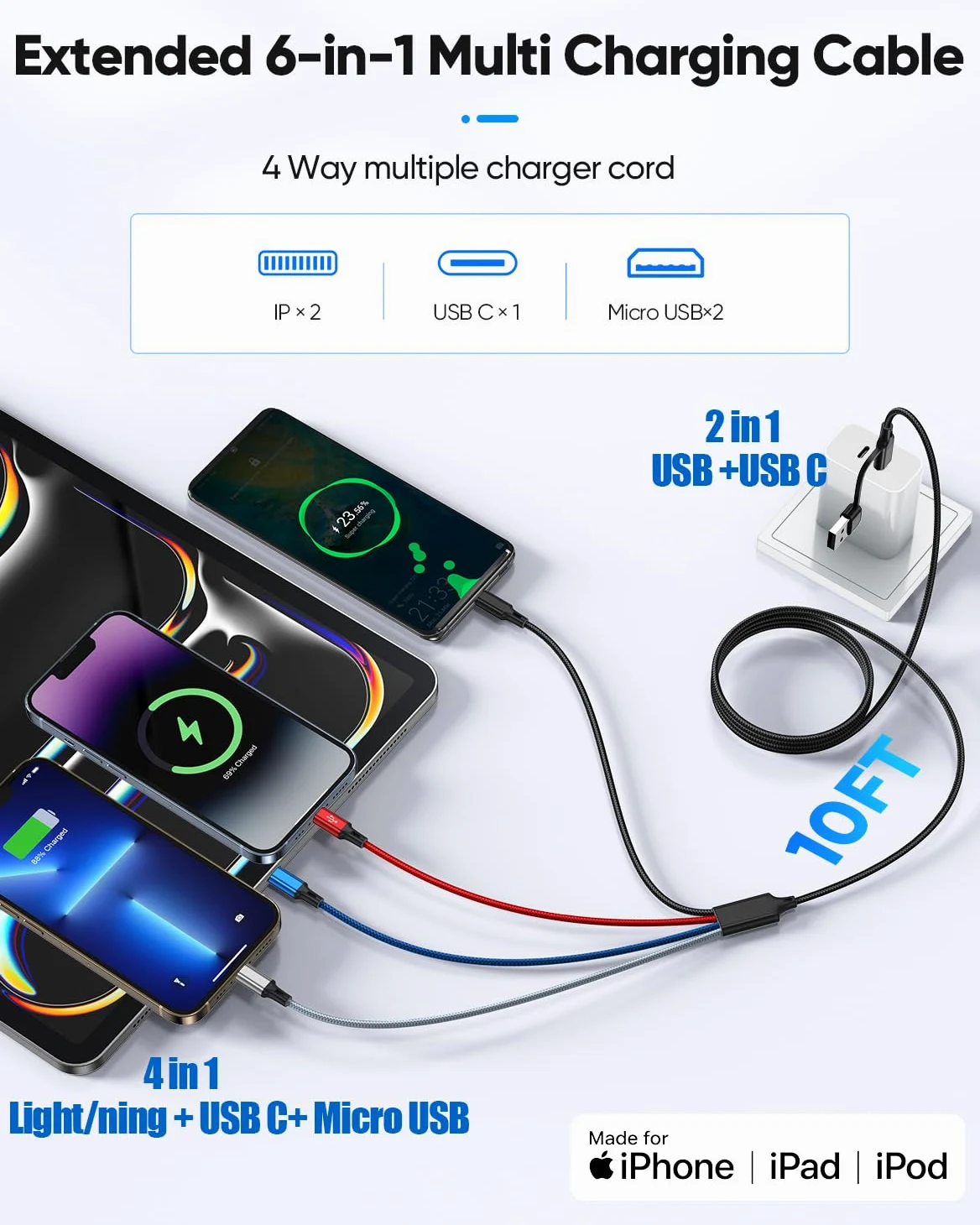Cavo di ricarica multiplo 6 in 1 (3,5 m, confezione da 2), cavo di ricarica multiplo intrecciato, USB A/C a tipo C/Lightning* 2/Micro USB universale cavo di ricarica per iPhone, Samsung, orologio
