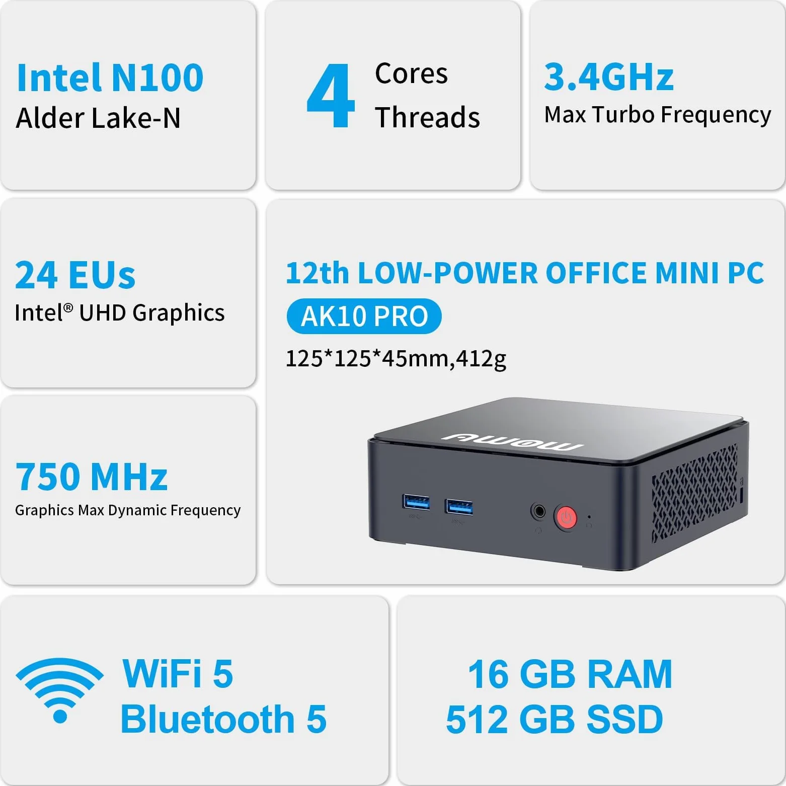 AWOW Mini PC con N100 (fino a 3,4 GHz), 16 GB DDR4 RAM, 512 GB SSD, Wi-11 Pro, 4 K UHD, doppio display, WiFi 5, BT 5.2, Gigabit LAN AK10