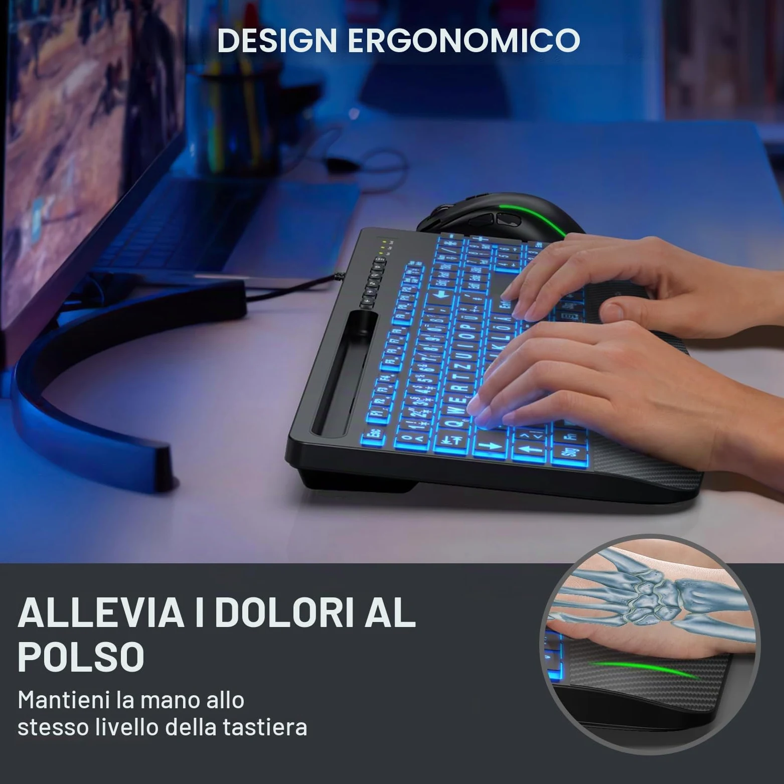 SABLUTE Tastiera Cavo USB illuminato ergonomico per PC - Retroilluminazione a 7 colori, grande pressione, supporto per telefono, facile da leggere