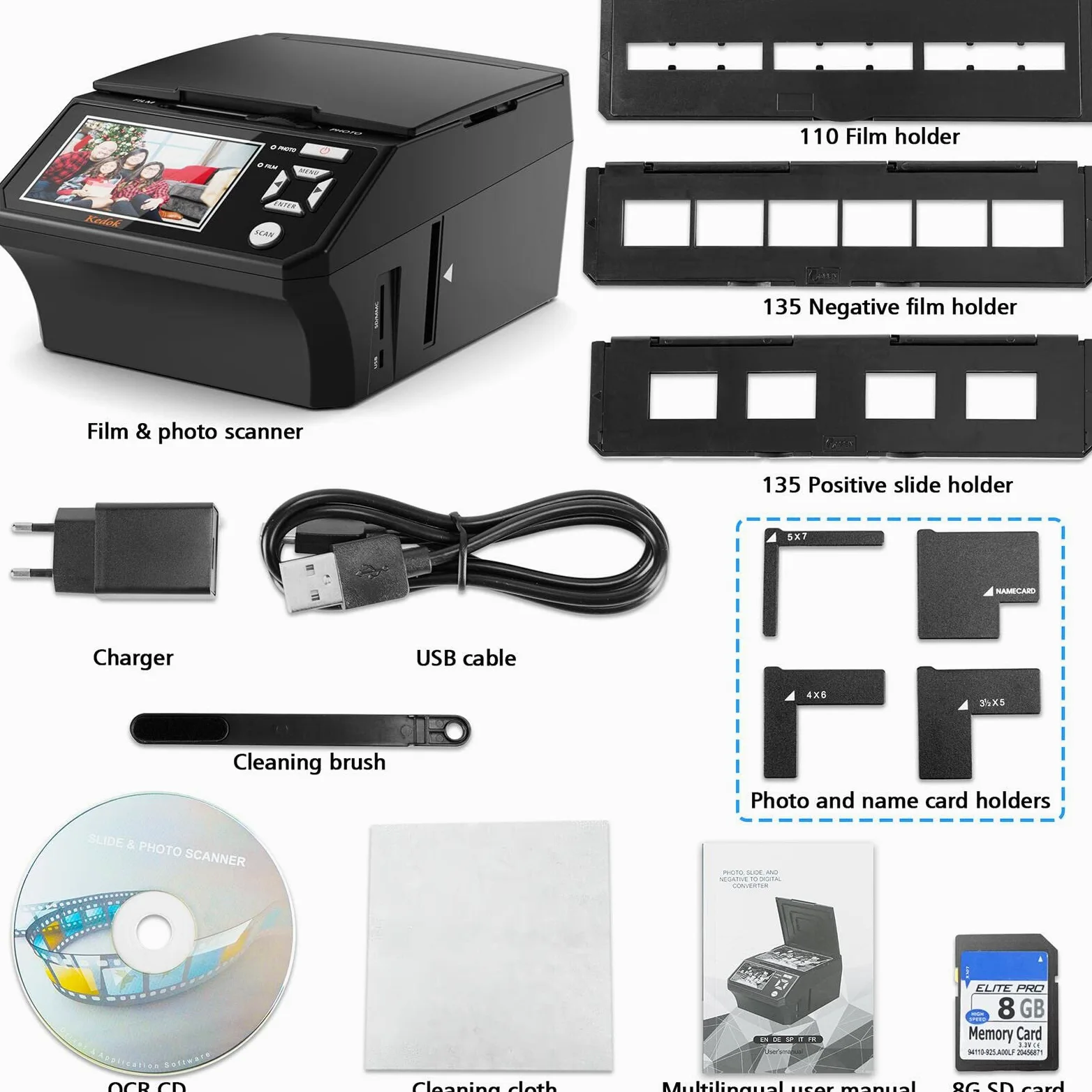 Kedok Multi-scanner per foto, diapositive e negativi,Convert 35mm,110 Film/Photo/NameCard to 22MP Digital JPEG,con schermo LargE da 5”
