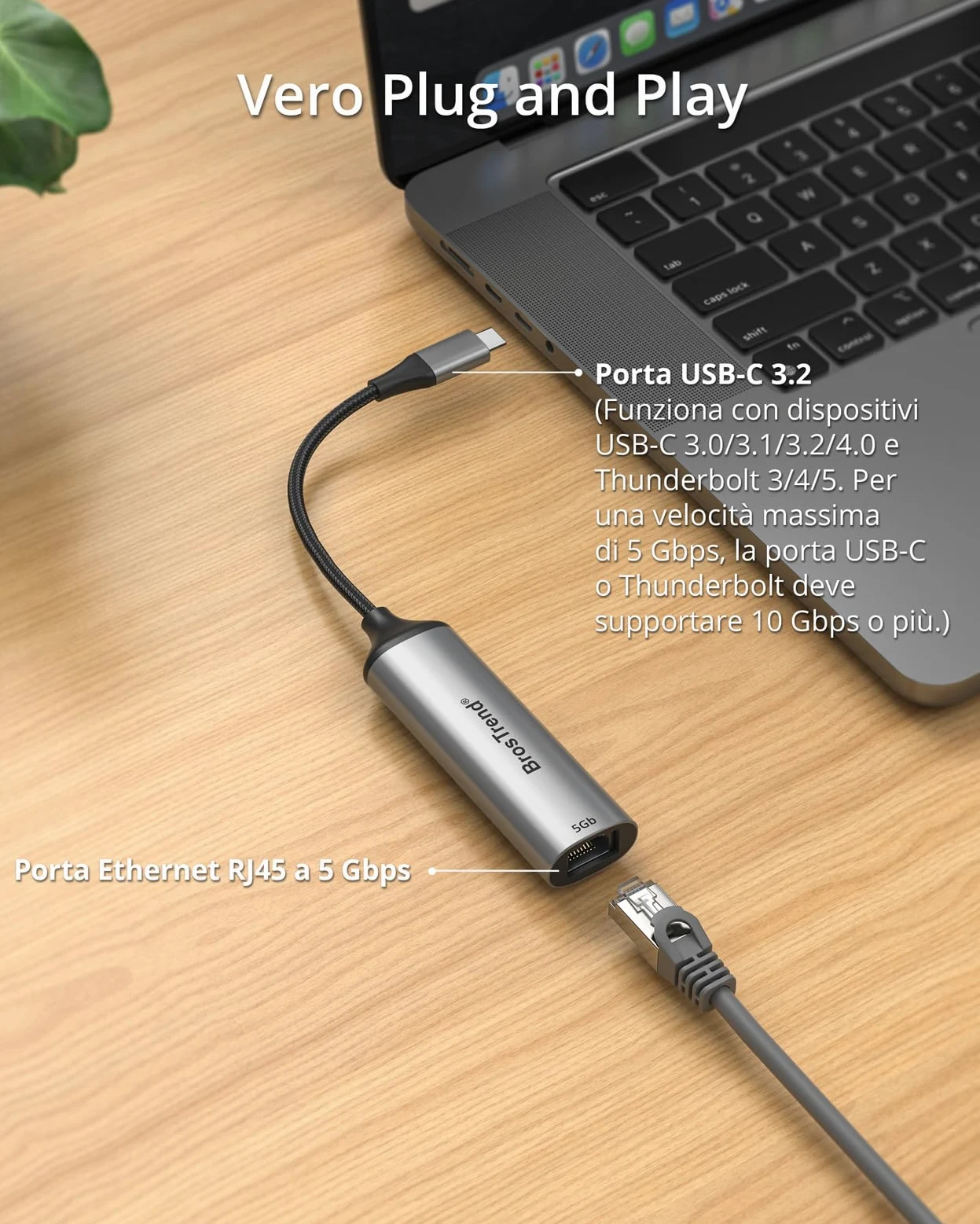 BrosTrend 5Gb Adattatore Ethernet USB C Plug & Play, Alluminio Adattatore di Rete Ethernet LAN per PC MacBook Pro/Air, iPad (Thunderbolt 5/4/3), Compatibile con Windows, MacOS iOS etc. Garanzia a Vita