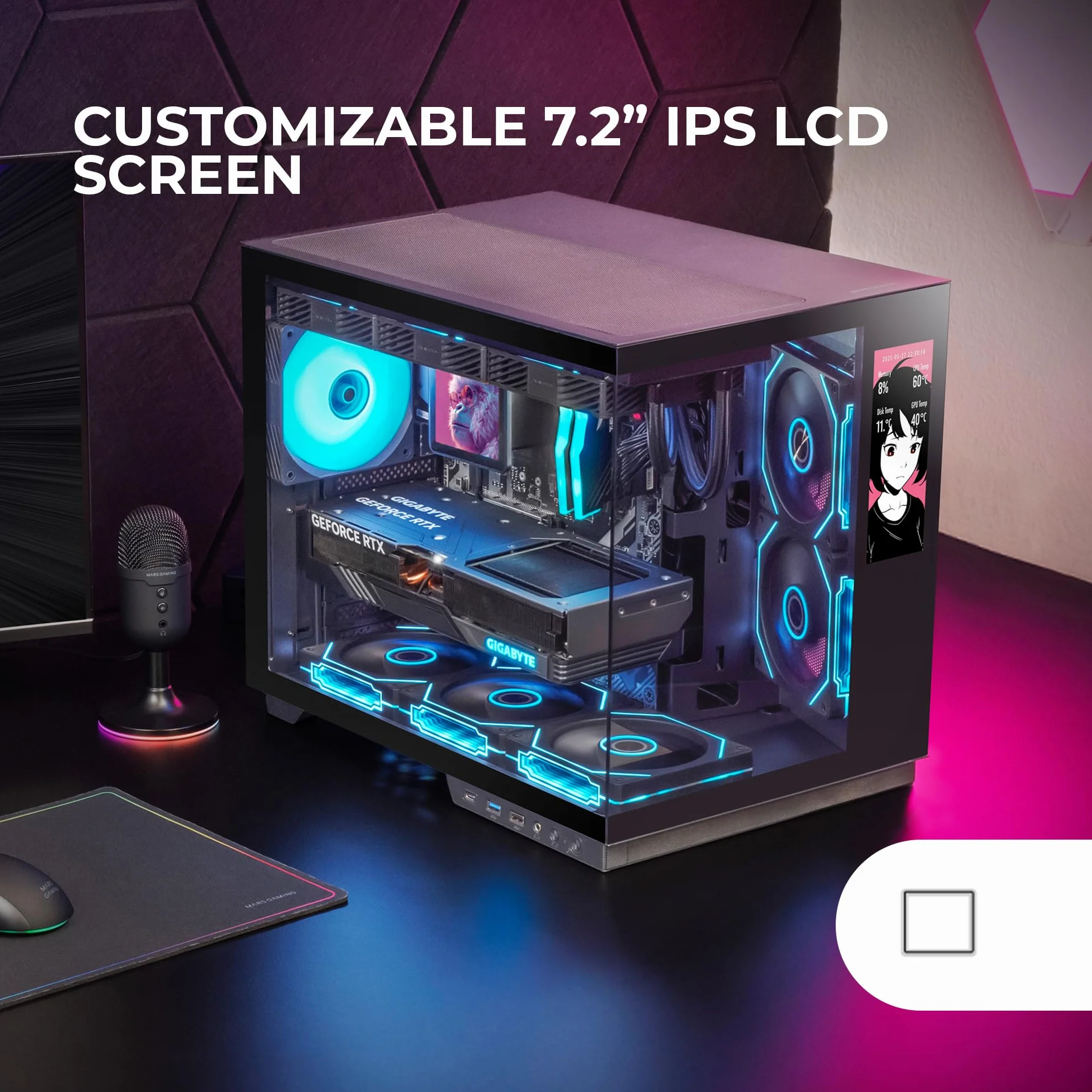 Mars Gaming MC-MIRAGE, Case Gaming ATX, Schermo LCD IPS 7,2” Personalizzabile, Vetro Temperato Continuo Frontale e Laterale, Struttura Doppia Camera, Supporto Raffreddamento Liquido fino 360mm, Nero