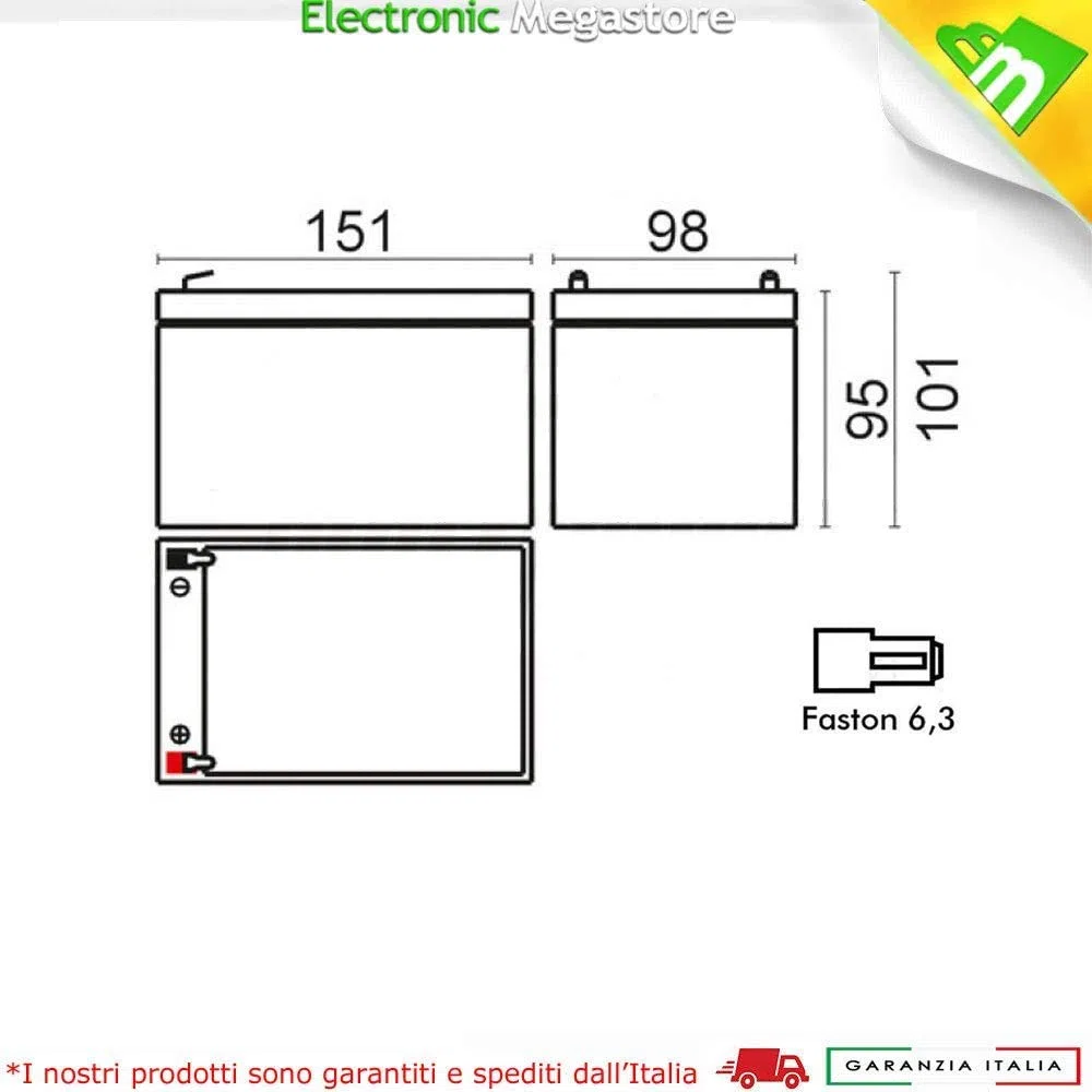 ANFEL 12V 12AH Batteria Ricaricabile al Piombo VRLA Faston F2 6.35mm per allarmi antifurti, sistemi di Sicurezza, Batterie di Ricambio per ups USV, Solar, Solarpanel