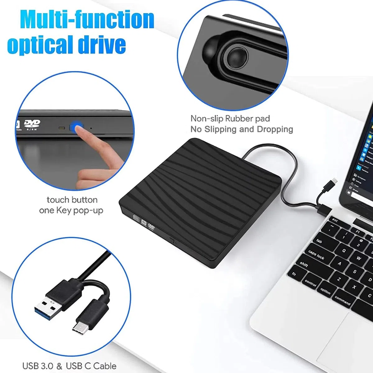 Unità DVD esterna USB 3.0 e Type-C portatile CD DVD +/-RW ROM drive per computer portatile PC desktop, CD DVD Burner Reader compatibile con sistemi operativi Windows XP / 2003 / Vista /7 /8/10/11