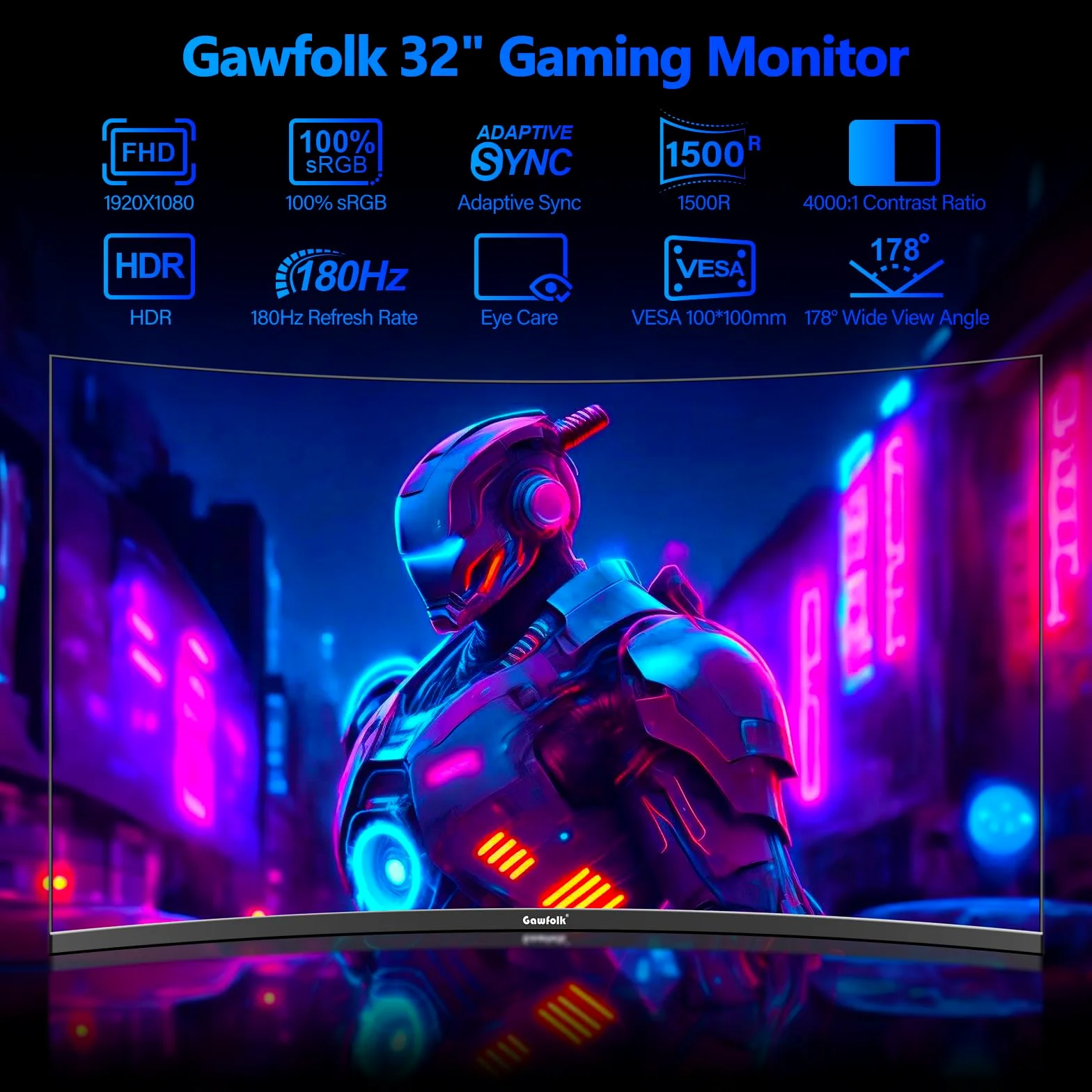 Gawfolk Monitor da gioco da 32 pollici 1800R curvo monitor per computer 165HZ/180HZ schermo VA per casa, ufficio e dormitorio, supporto a parete