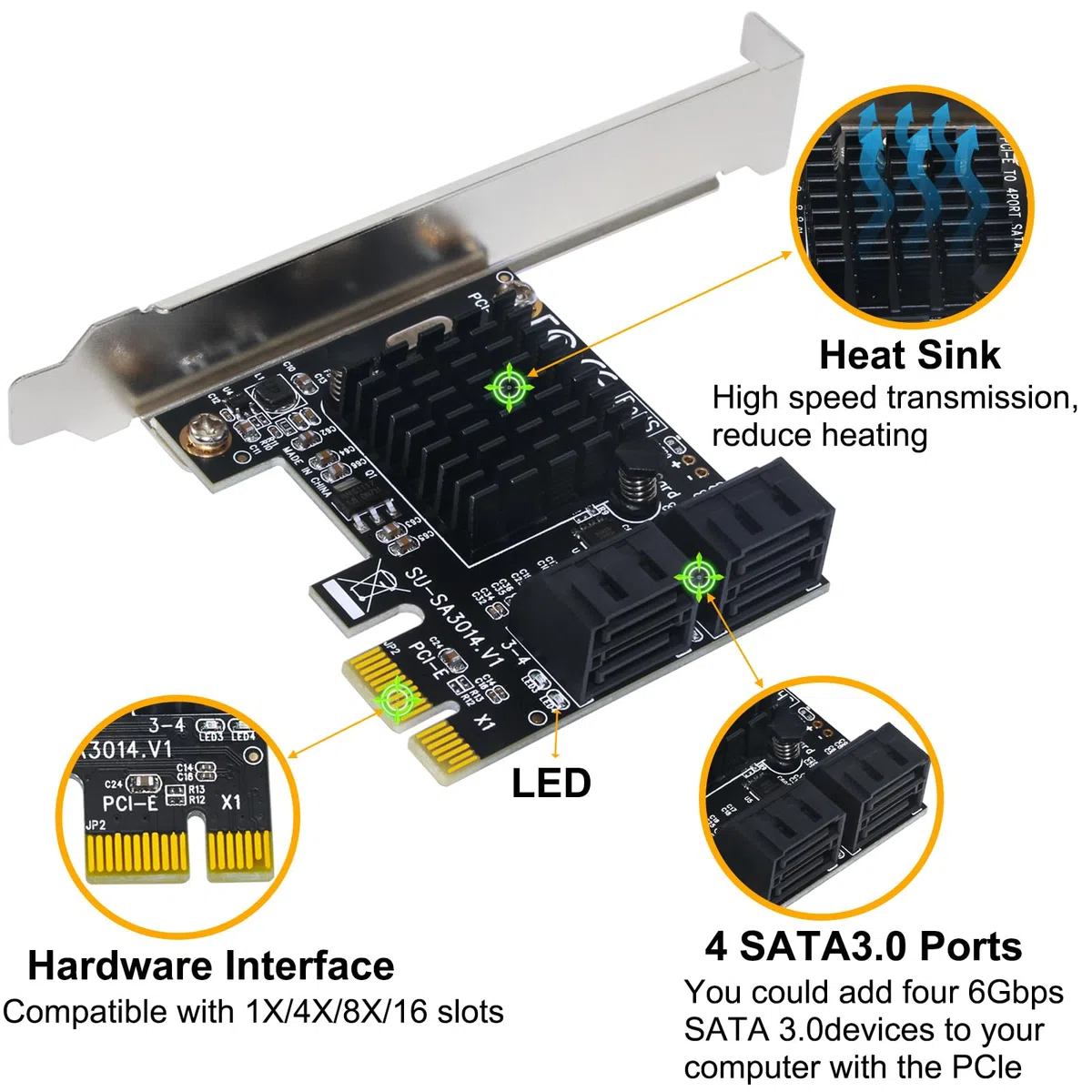 Scheda di Espansione Controller SATA 3.0 a 4 Porte PCIe - 6 Gbps Con Staffa a Basso Profilo, 4 Cavi SATA, Non RAID, Avvio Come Disco di Sistema, Supporta 4 Dispositivi