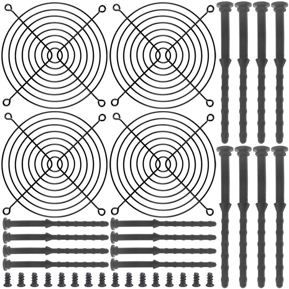 140 mm griglie nere per dita, griglia per ventola di raffreddamento per PC 140 mm copertura di protezione per PC, con viti, vite per ventola PC in gomma (4 pacchetti)