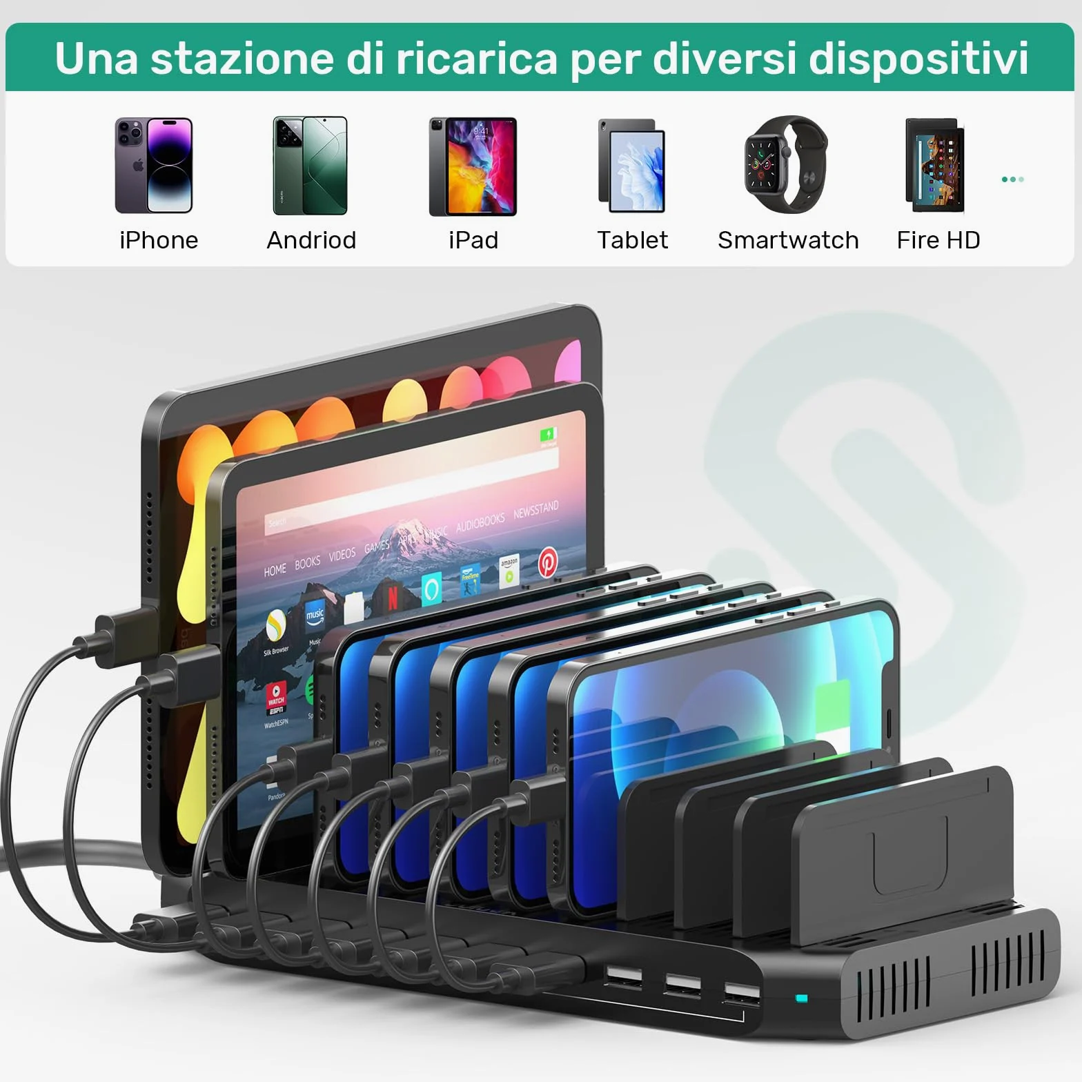 SUIDEK Stazione Di Ricarica Multipla A 10 Porte, Caricatore USB Da 60 W Per Più Dispositivi Con Divisori Regolabili, Compatibile Con Tablet, Smartphone