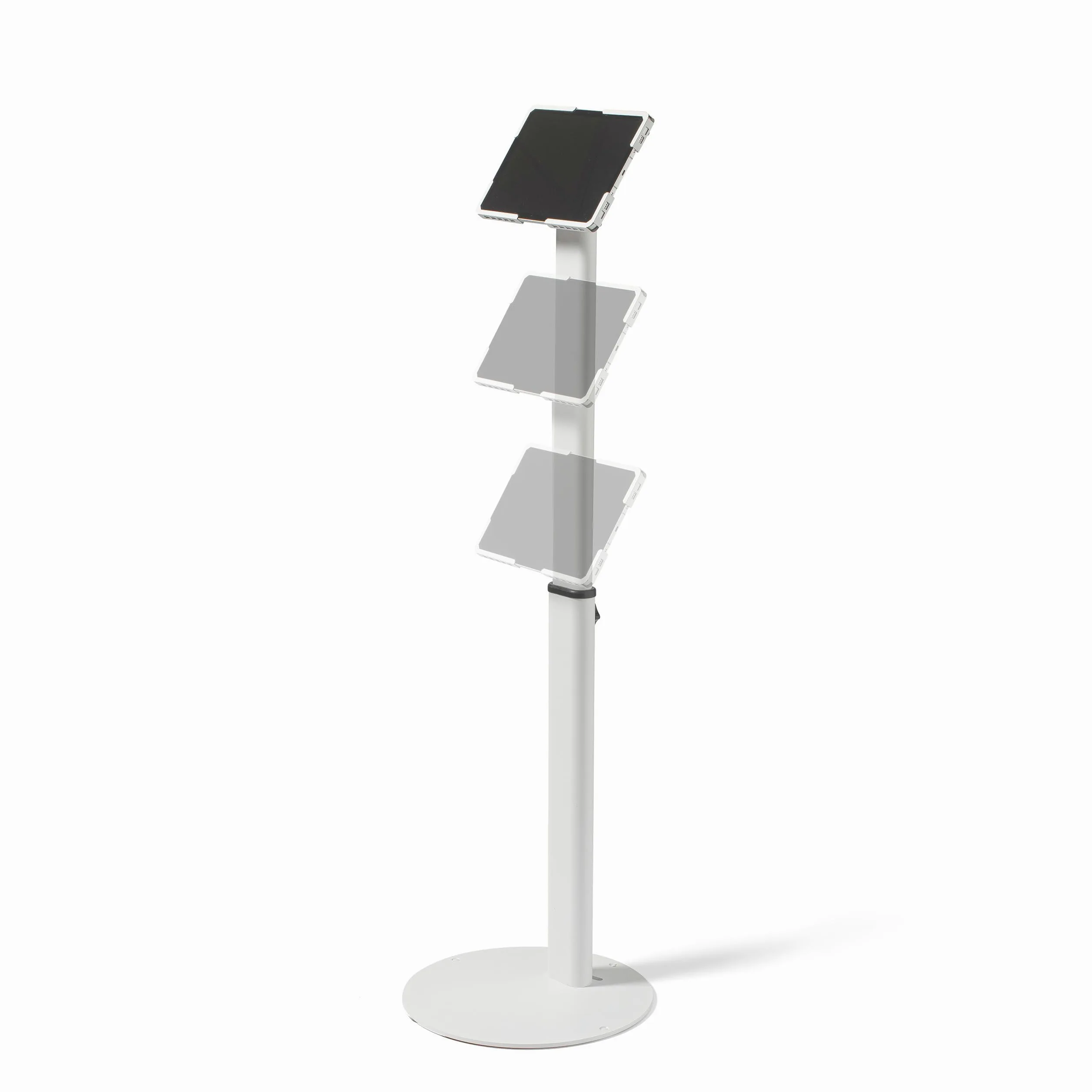 Supporto da pavimento universale per tablet regolabile 70–120 cm – per iPad e tablet 10–13 pollici – girevole, inclinabile, base stabile in metallo, gestione cavi, bianco