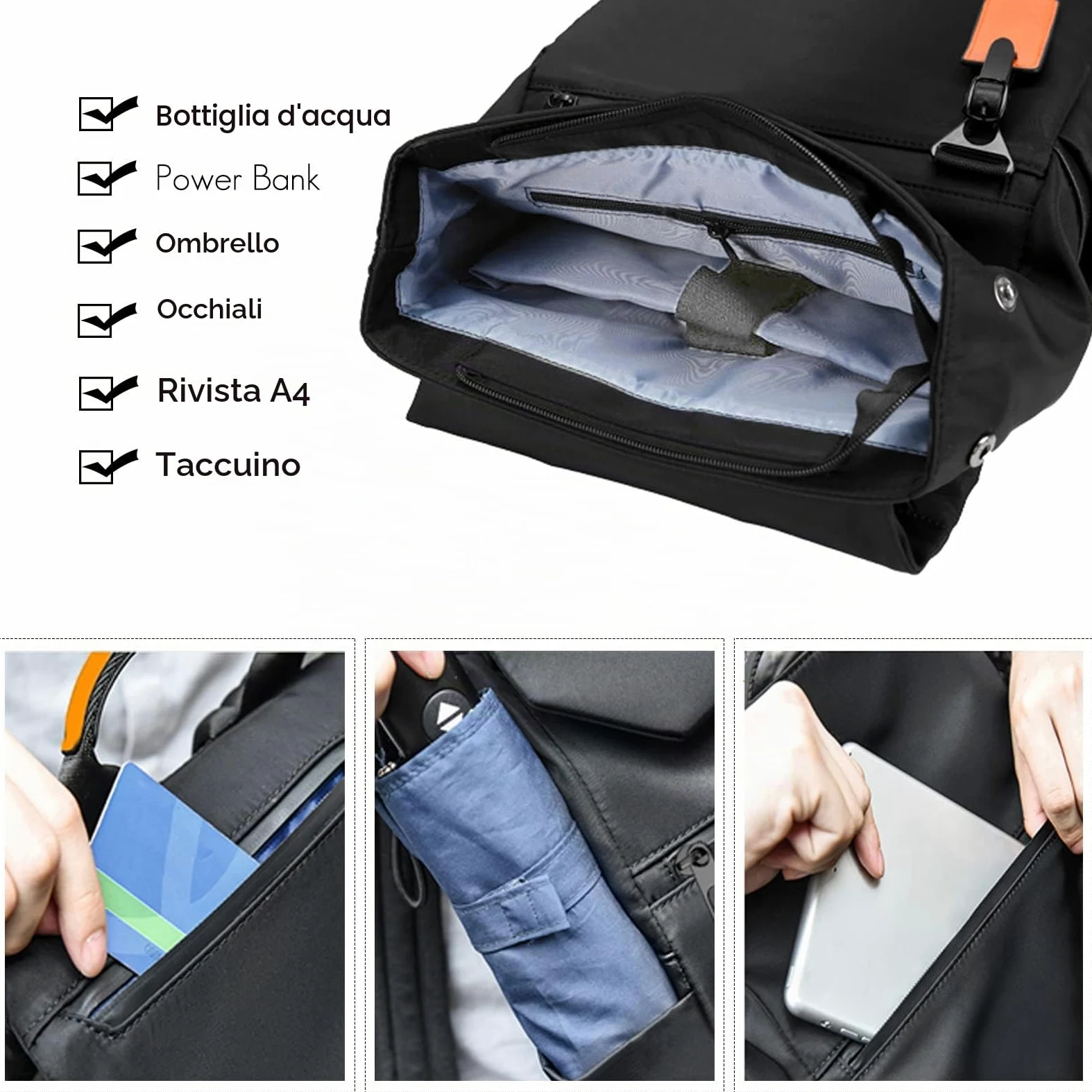 FANDARE Zaino Uomo Per PC Portatile per Laptop 15.6 Pollici con Caricatore USB Zaino Lavoro per Scuola Viaggio Impermeabile Nylon Nero