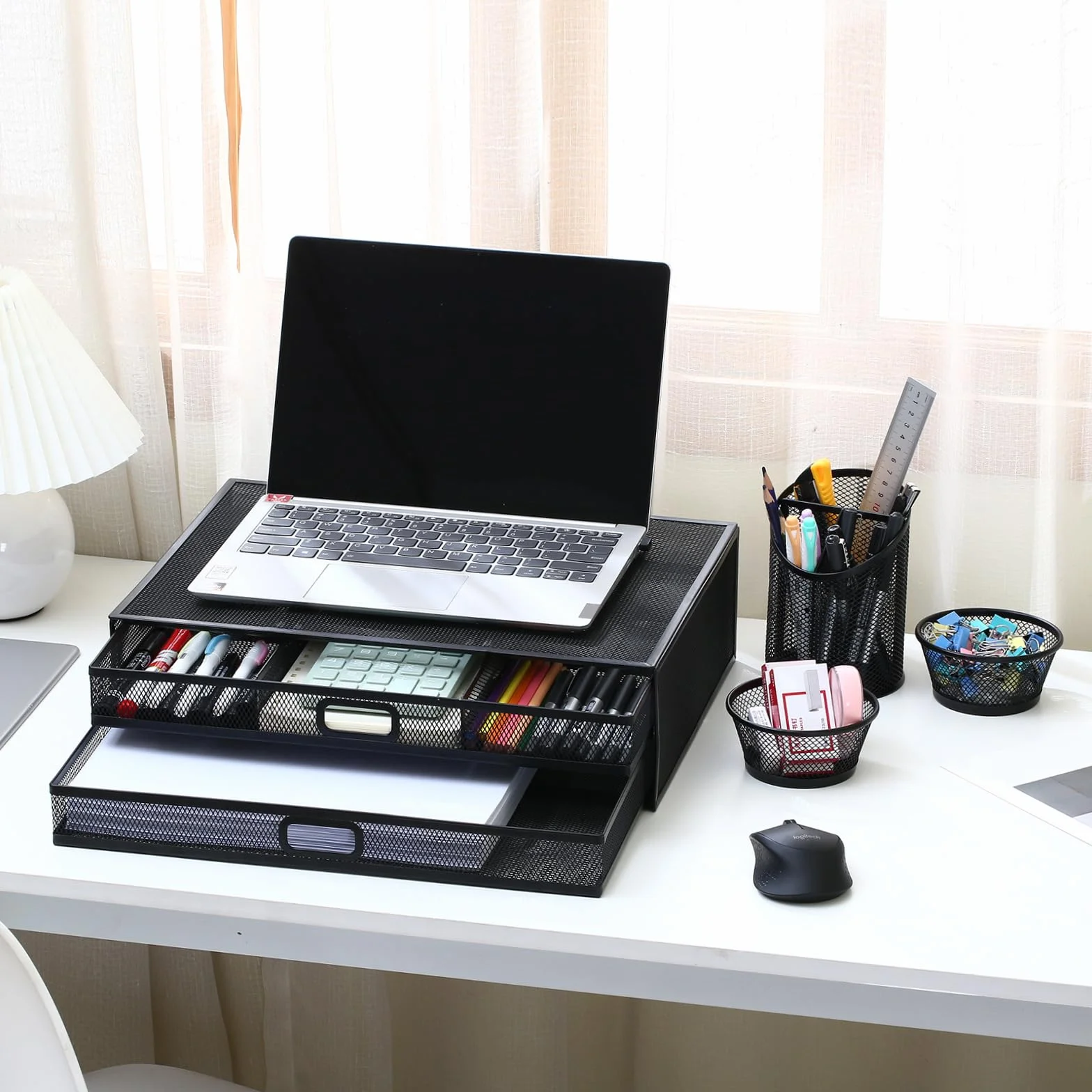 Organizer da scrivania per computer, supporto per monitor, rete metallica, forniture da ufficio per computer portatile, organizer per computer portatili