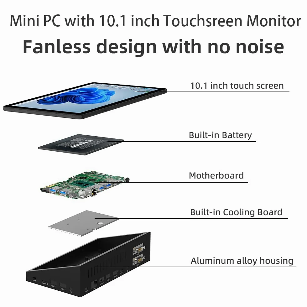 Computer Mini PC Mini Desktop PC con Schermo Tattile 10,1 Pollici, N5095 Win 11 Pro pc-mini Portatile 8GB RAM, 128GB ROM, Batteria 5000mAh, Display 4K HDMI&Tipo C, RS232, WiFi5,0, BT5,0