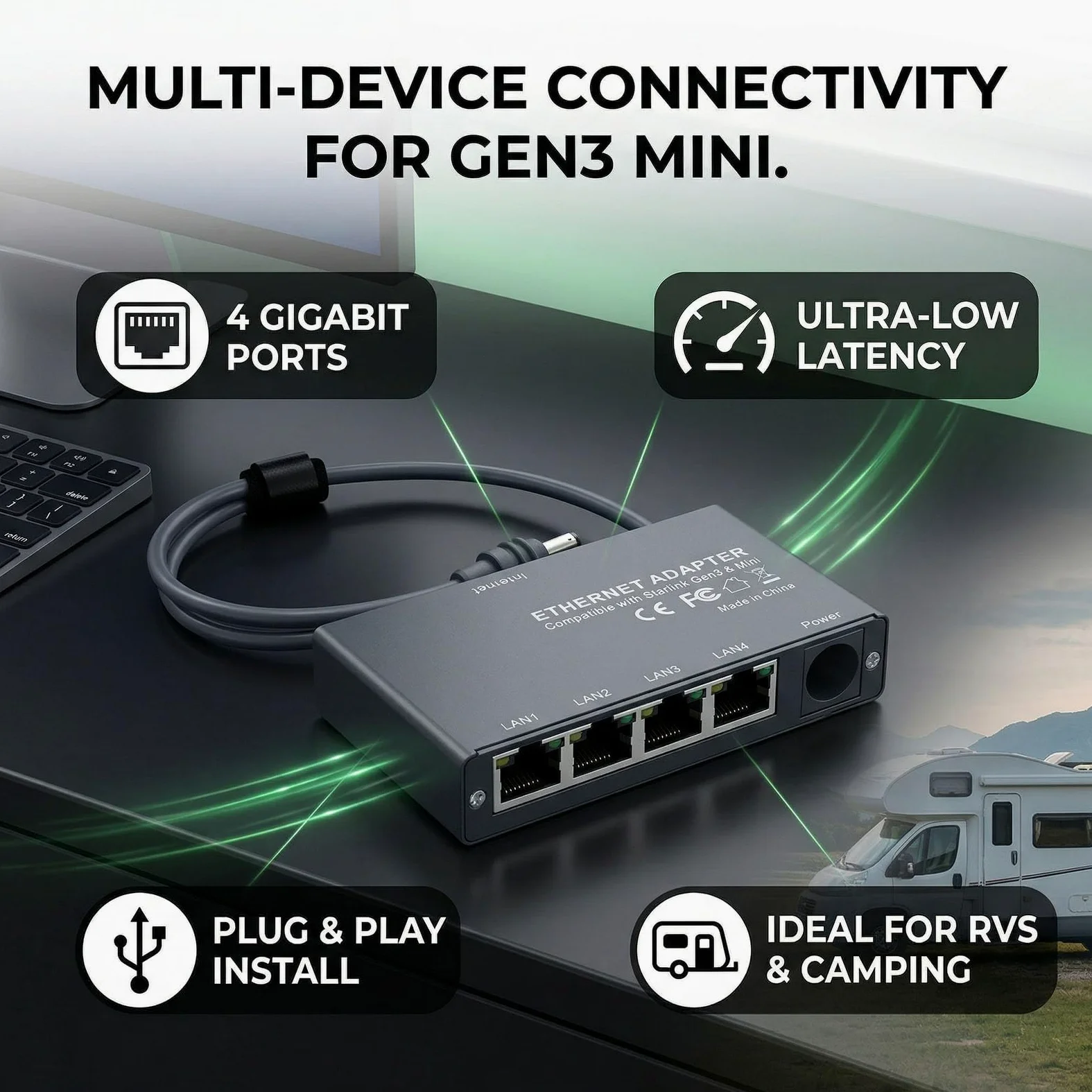 ASHATA Adattatore a prestazioni stabili per Gen3 Mini Splitter Ethernet a 4 porte, connessione a bassa latenza per trasmissione HD di giochi