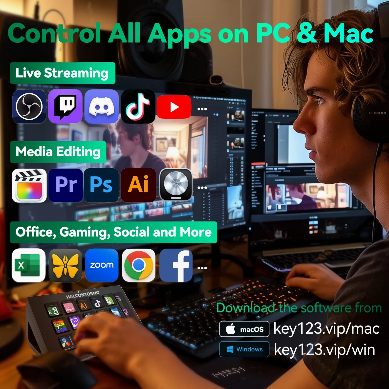 HALCONTORNO Stream Dock Slim - Steamdeck per PC Mac, Controller di streaming cablato per creatori di contenuti, tastiera macro programmabile, configurazione di gioco in streaming, OBS Studio YouTube