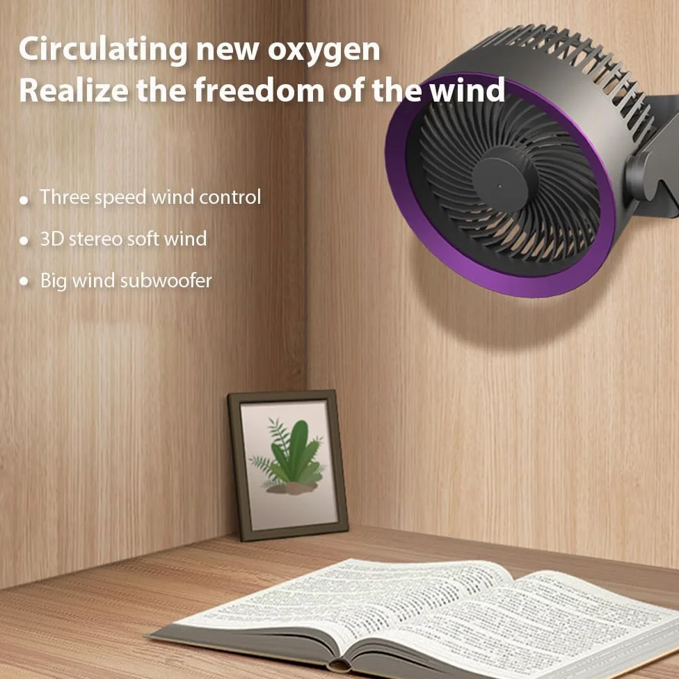 Ventilatore da tavolo elettrico senza fili portatile silenzioso con circolazione d'aria a 3 velocità per casa, ufficio, camera da letto, dormitorio, viaggi, campeggio, raffreddamento a soffitto a