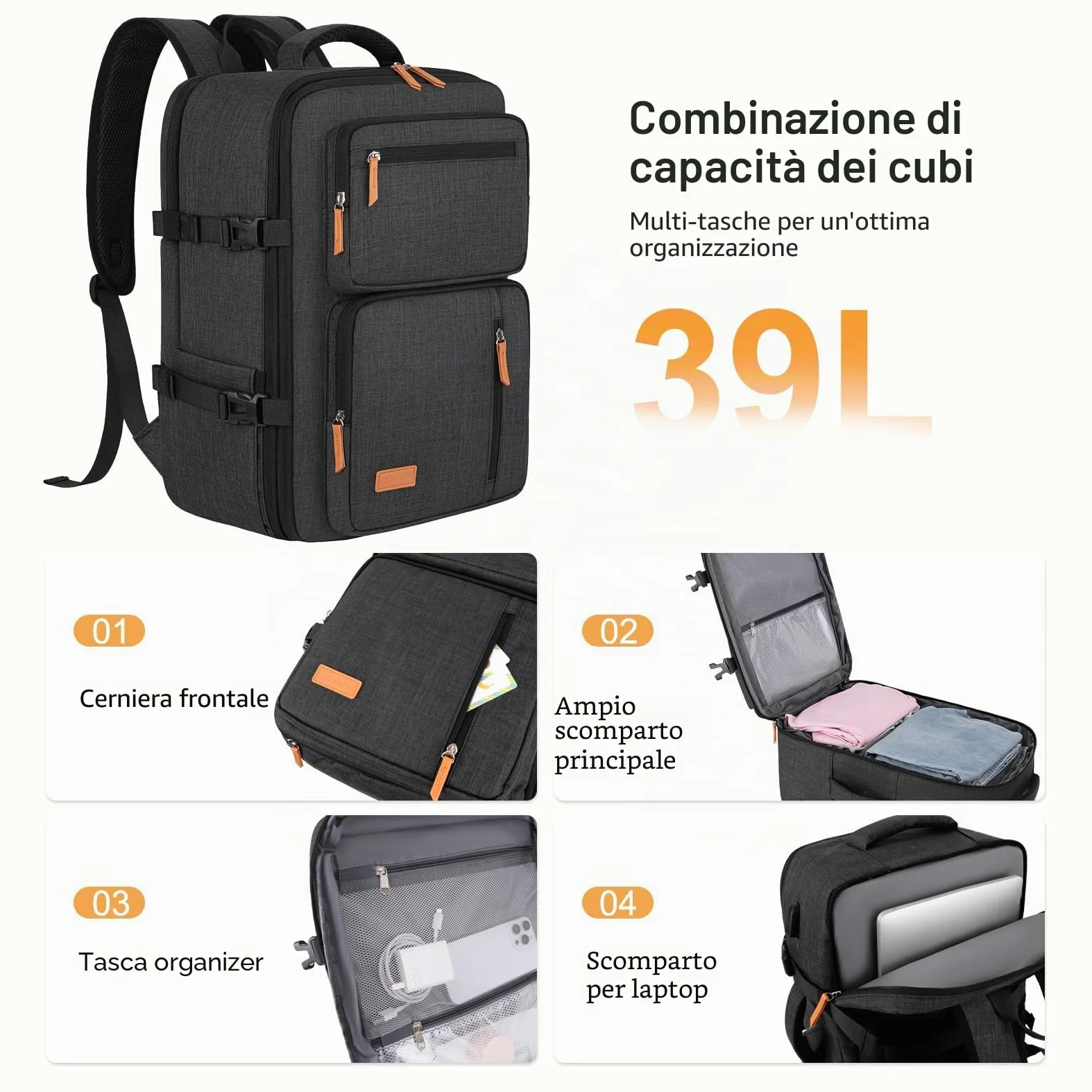 MOSISO Zaino Viaggio 40 Litri Donna e Uomo, Zaino Viaggio Approvato per il | Volo con Porta di Ricarica USB e 3 Scomparti, 17-17,3 pollici Zaini Espandibile per Laptop per Ufficio, Lavoro, Viaggi, Nero