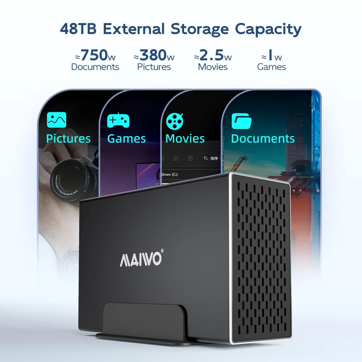 MAIWO Enclosure RAID per disco rigido a doppia baia con ventola di raffreddamento per SSD SATA da 2,5/3,5", alloggiamento HDD USB 3.0 da 5 Gbps, capacità 48 TB, RAID 0/1/JBOD/PM, custodia in alluminio