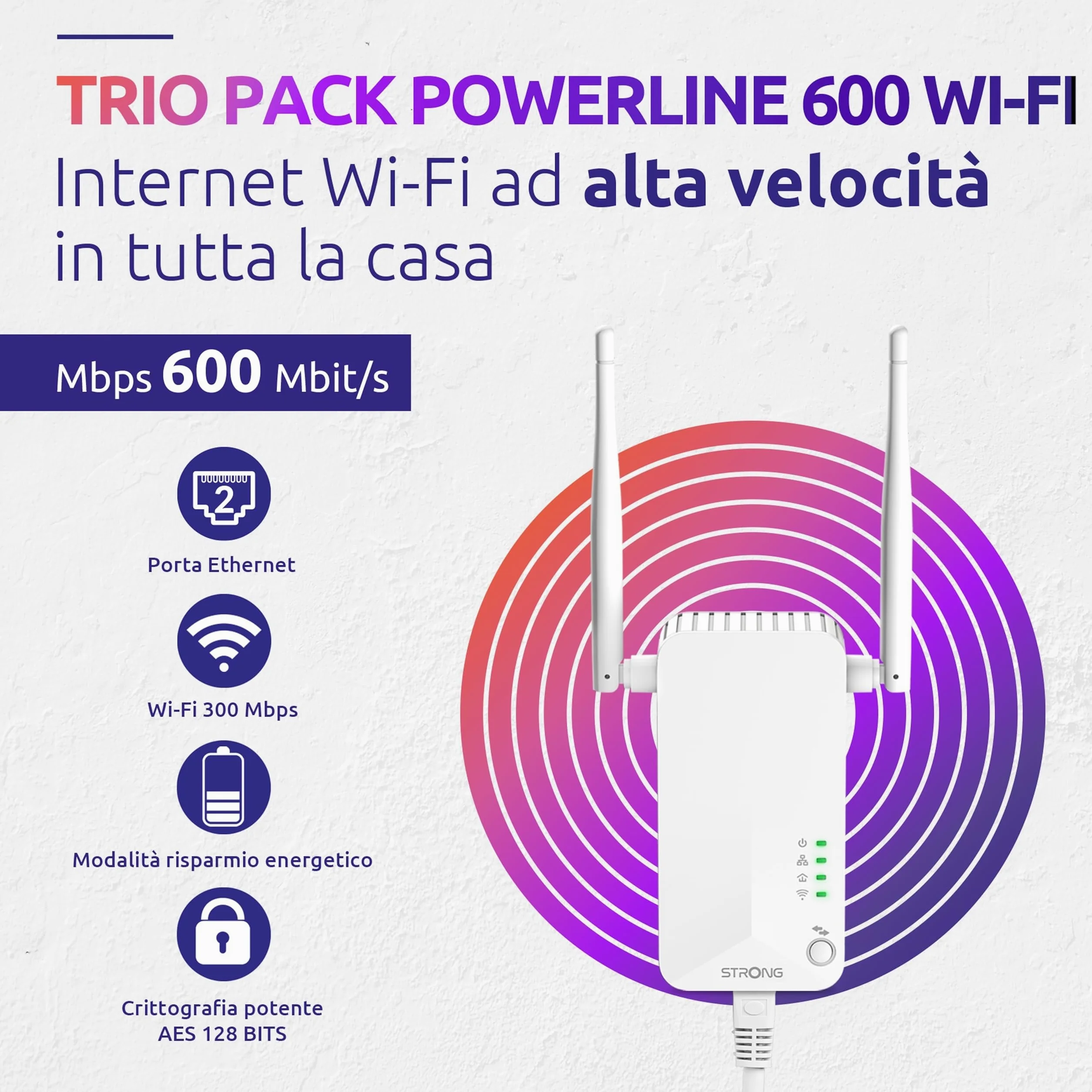 STRONG - Powerline 600 Triple Wi-Fi EU - 2 Adattatori Powerline 600 + Wi-Fi 300 Mbps - Internet Veloce - Presa Passante Schuko - Portata di 300m - Per Tutti i Modem/Router PLWF600TRIEUV2