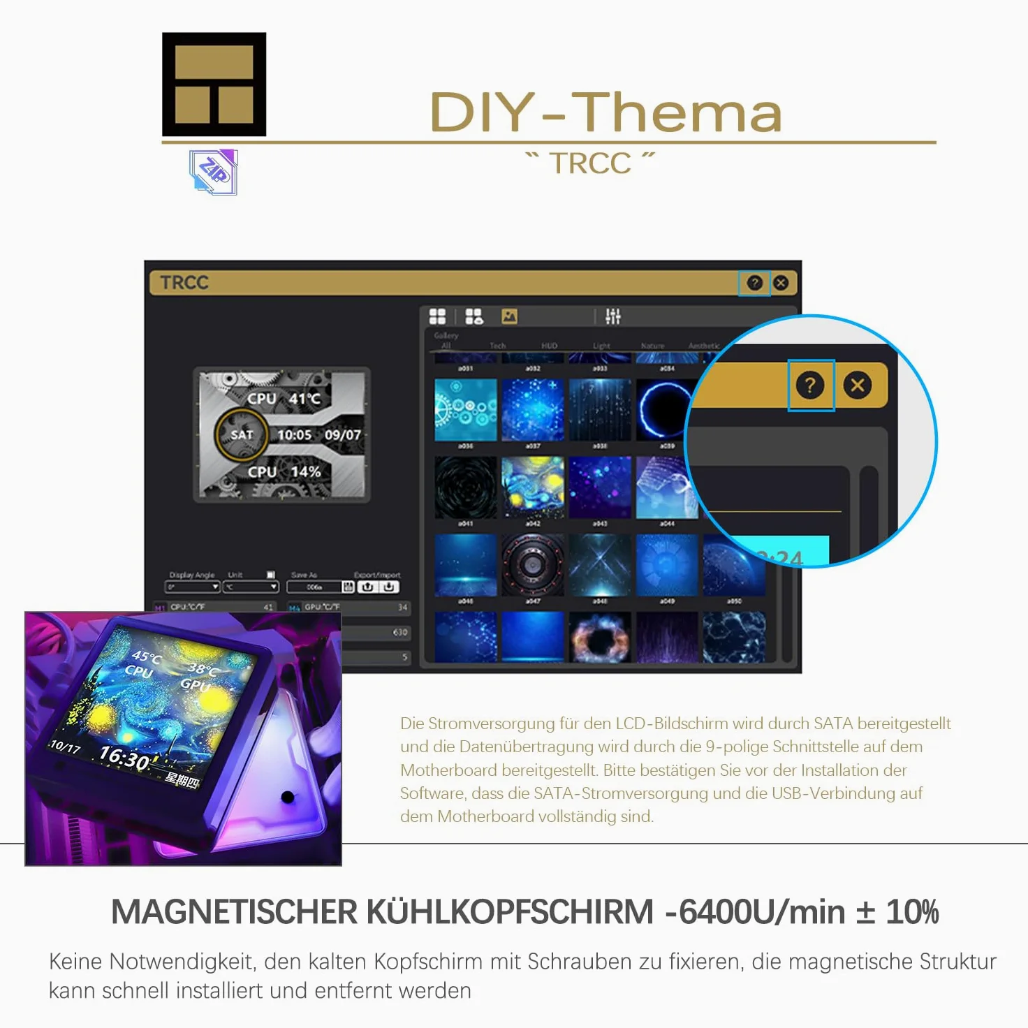 TR-Thermalright Grand Vision 360 ARGB Bianco, ventola di raffreddamento CPU con schermo LCD IPS da 3,4 pollici con risoluzione 480x480, magnete, tema schermo fai-da-te, per AM4/AM5, LGA1851/1700/115x