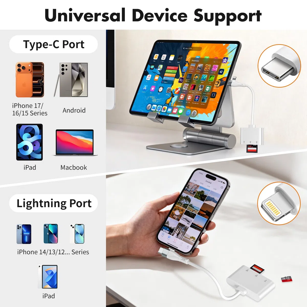 Lettore di schede XD, lettore di schede SD Lightning/USB-C per iPhone, adattatore 3 in 1 SD/TF/XD per iPhone 17/16/15/14/Macbook/Android/PC, compatibile con lettore di schede immagini Olympus xD