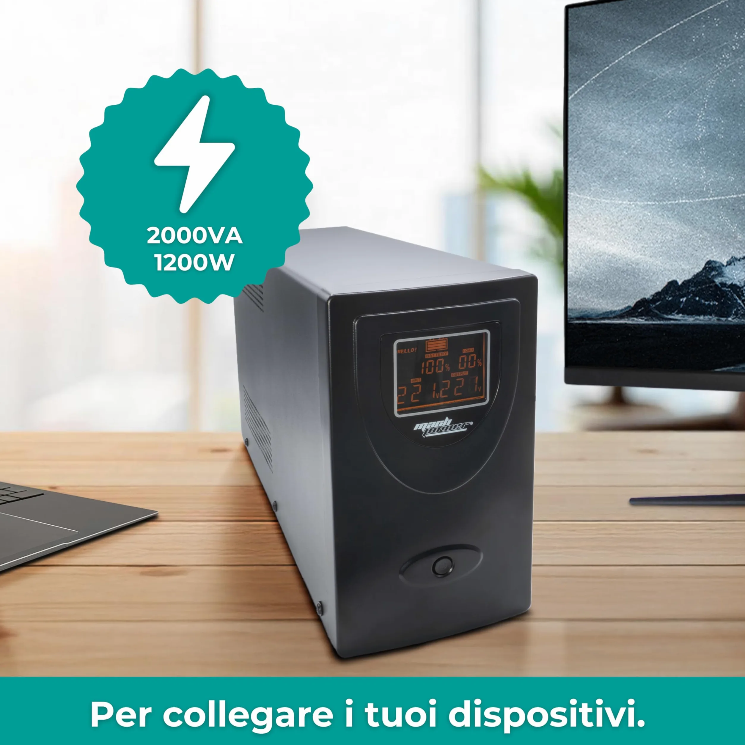 Gruppo di continuità line interactive 2000VA/1200W, stabilizzatore AVR, 2 batterie 12V/9Ah, 2 uscite Schuko/Ita, 1 Porta USB, display LCD, struttura in metallo UPS-LIT20MD (2000VA/1200W)