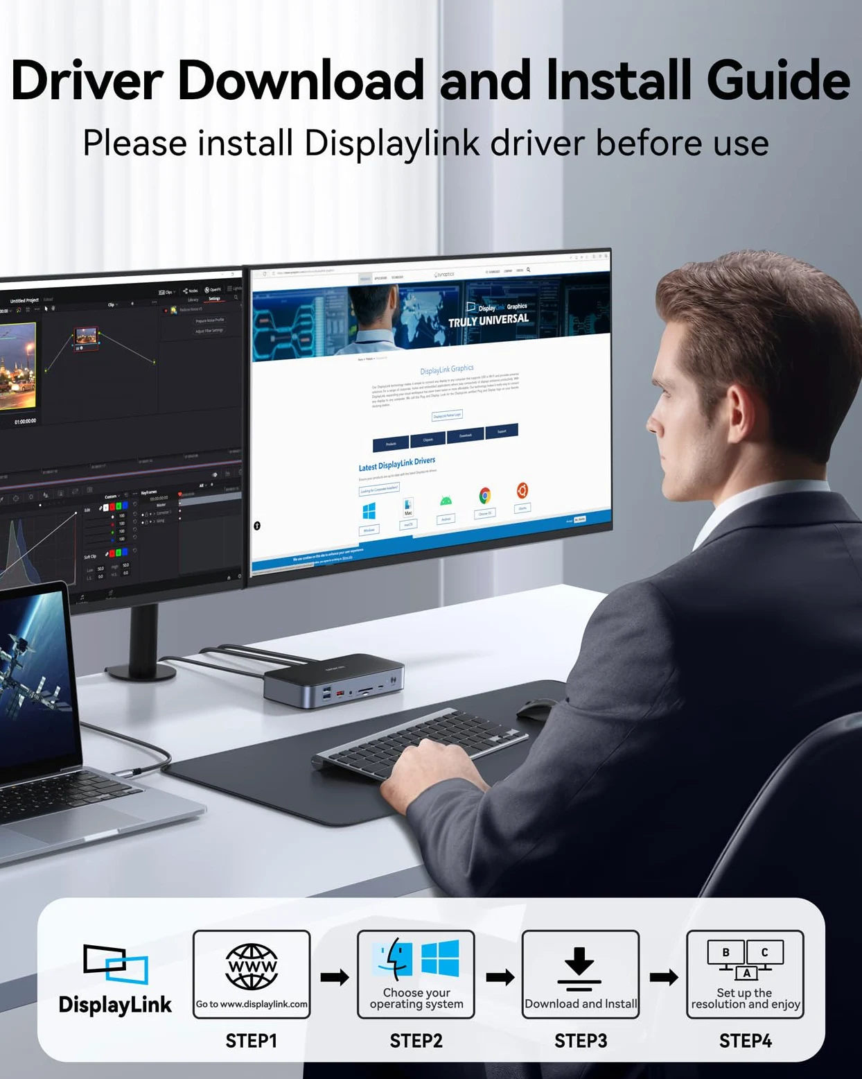 DisplayLink, docking station per MacBook Pro/Air 15 in 1, DisplayLink USB C, docking station per 2 monitor, docking station USB C con 2 HDMI, 2 DP, 2,5 Gbit/s Ethernet, USB 3.1/3.0/2.0, SD/Micro fino