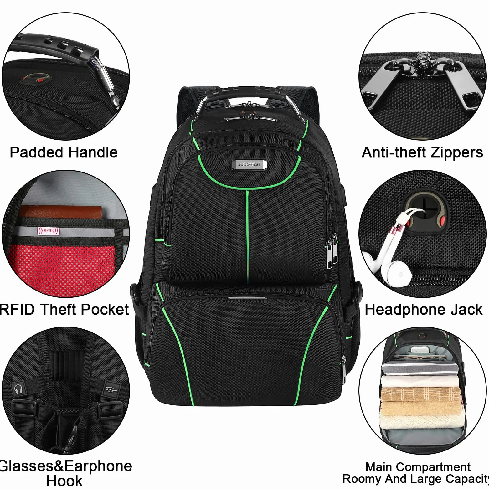 VECKUSON Zaino per computer portatile, 15,6 pollici, verde, unisex, impermeabile, porta di ricarica USB, isolato, approvato TSA, antifurto, tessuto in nylon poliestere resistente
