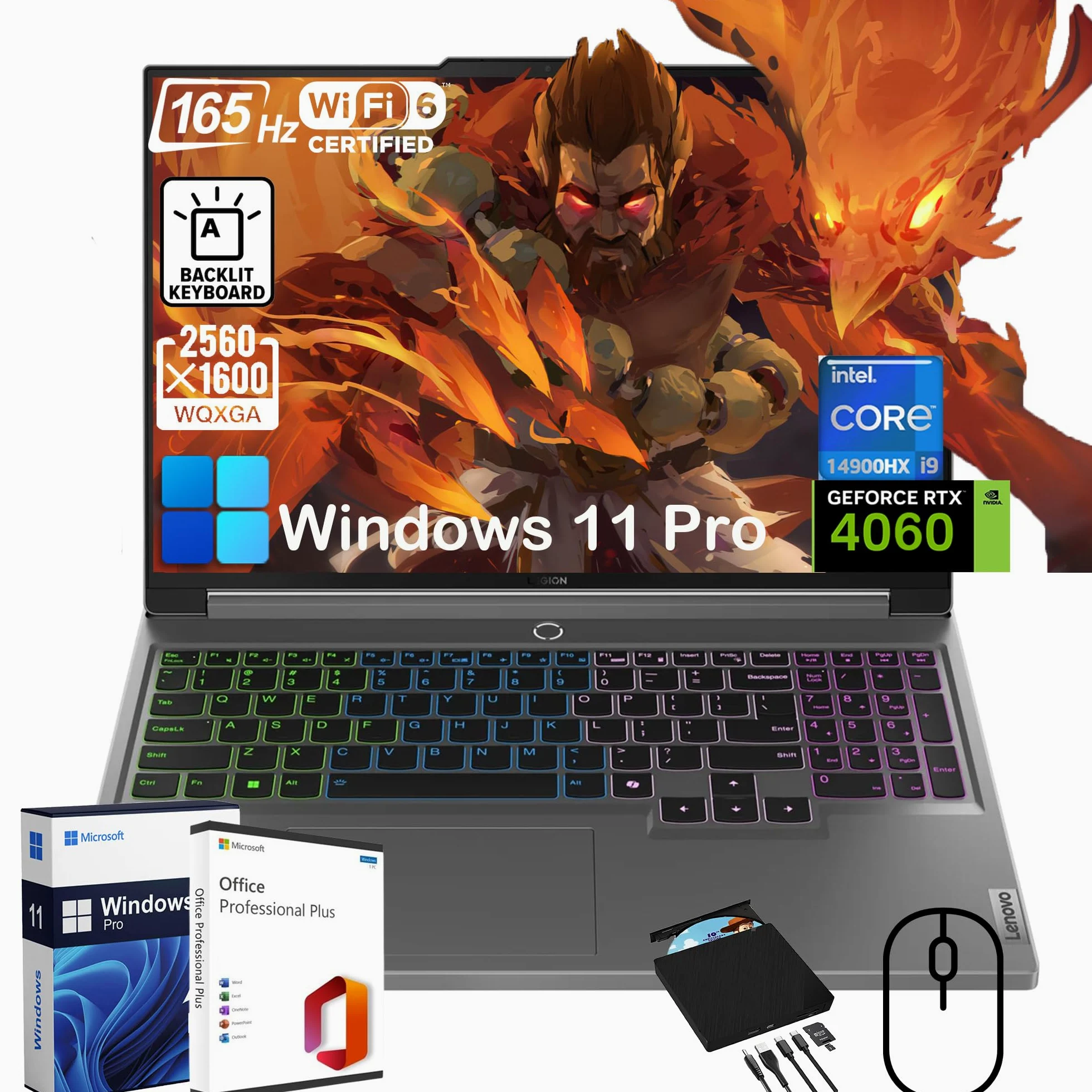 Lenovo Legion 5i - Computer portatile da gioco, con unità CD/DVD esterna e durata dell'ufficio, display da 16" a 165 Hz, Intel 24-Core i9-14900HX, RTX 4060, KB retroilluminato, Win 11 Pro, con