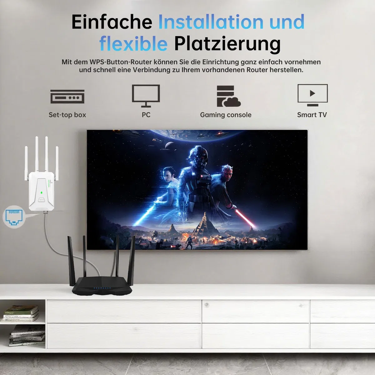 Ripetitore WiFi Potente per Casa, WiFi Extender 300Mbps, 2.4GHz Velocità Single Band, 4 Antenne, 2 porte LAN, Compatibile con tutti i box Internet con porta Ethernet, Bianco