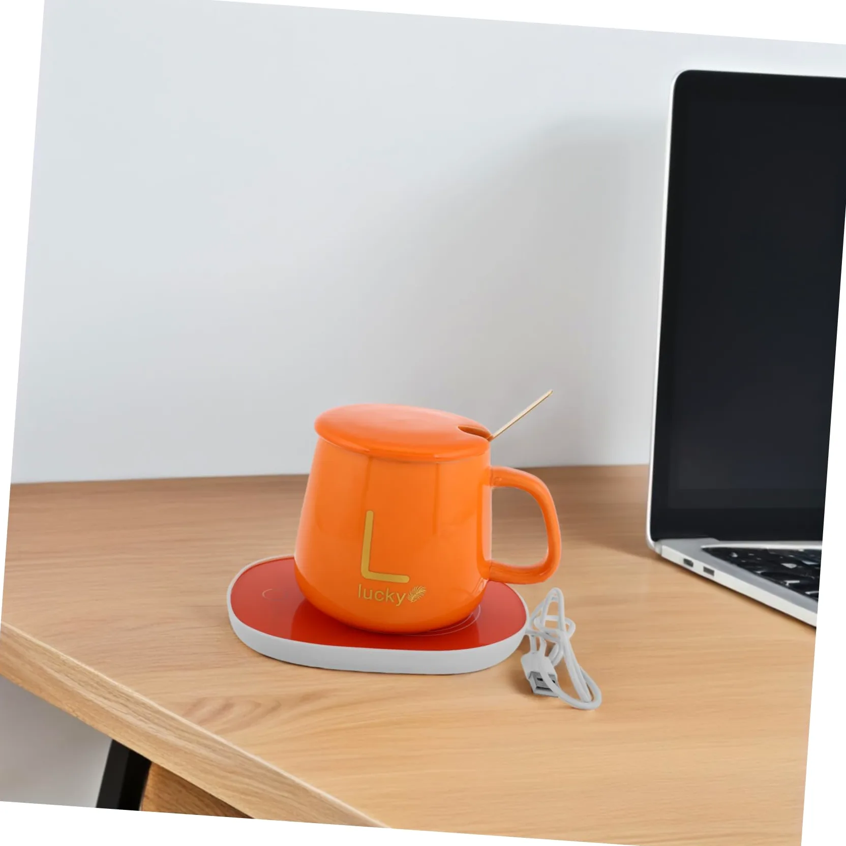 Scalda Tazza Elettrico in Ceramica Arancia con Funzione Antiscivolo e Antiscaldamento, per Ufficio e Feste di Natale con Coperchio e Cucchiaio
